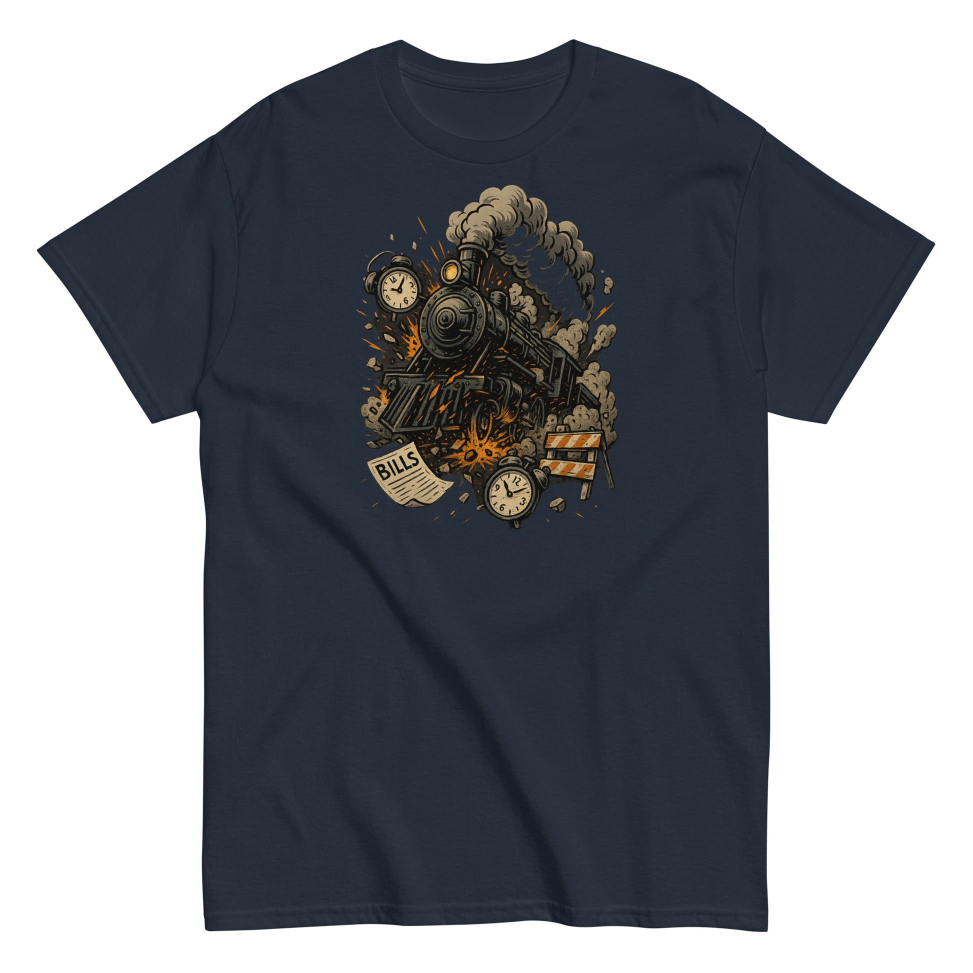 Navy blue t-shirt with a steam locomotive graphic on a white background
