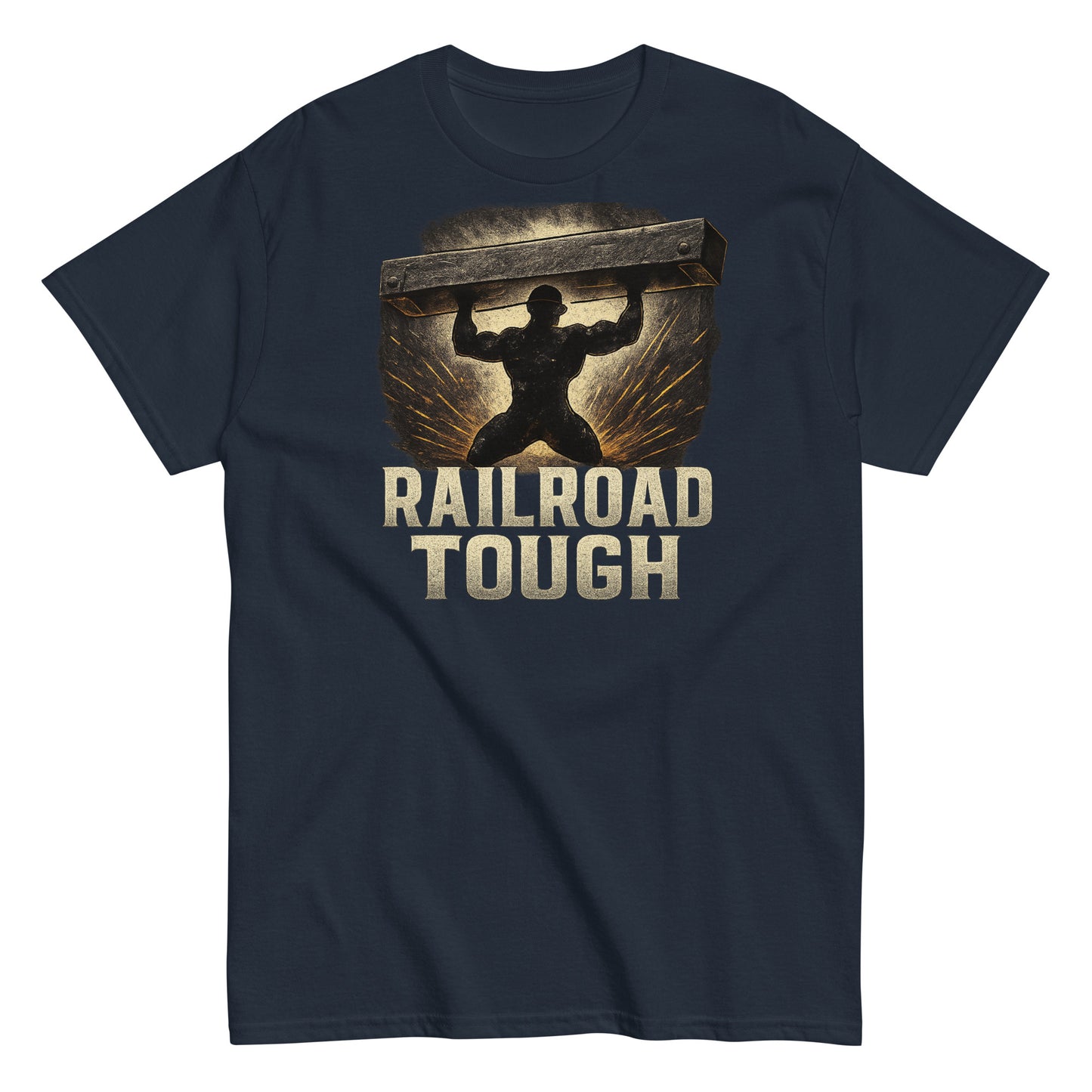 Navy t-shirt with 'Railroad Tough' graphic design featuring a silhouette of a person lifting a railroad rail.