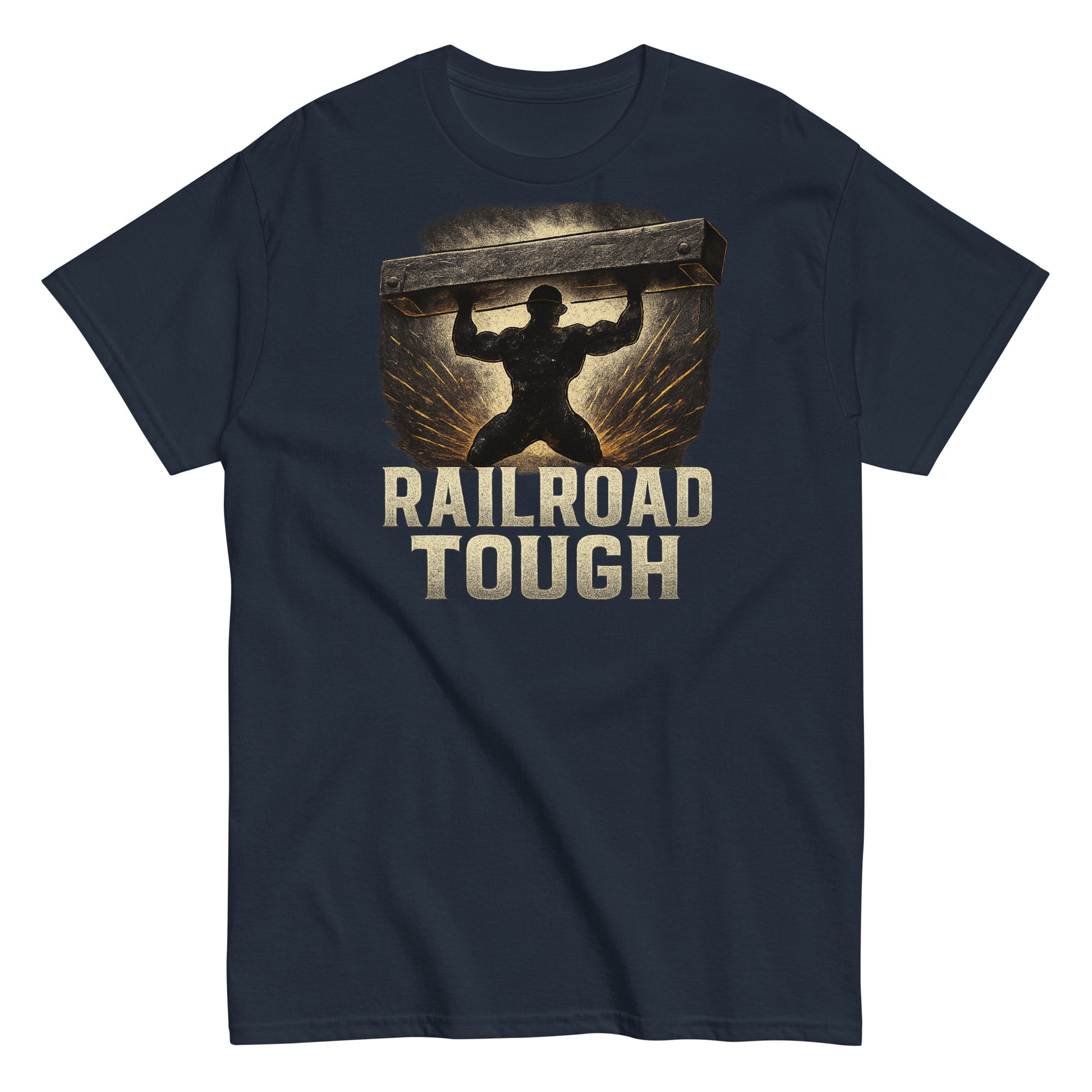 Navy t-shirt with 'Railroad Tough' graphic design featuring a silhouette of a person lifting a railroad rail.