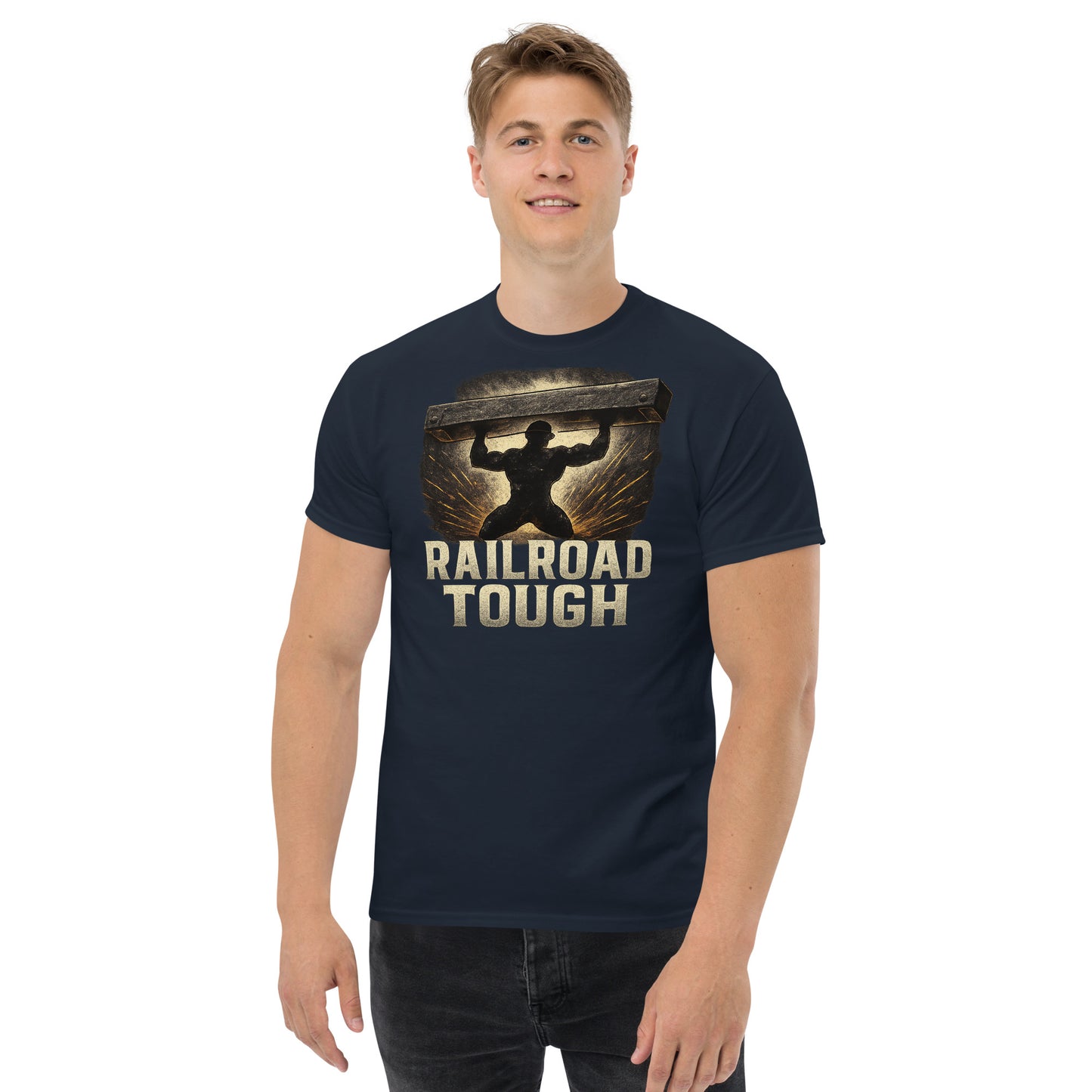Man wearing a navy blue t-shirt with 'Railroad Tough' graphic design on a white background