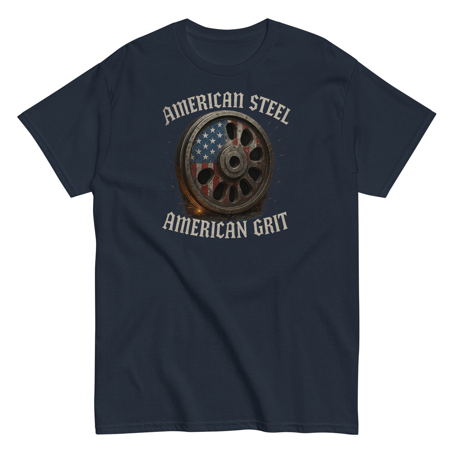 Navy blue t-shirt with 'American Steel American Grit' graphic design on a white background