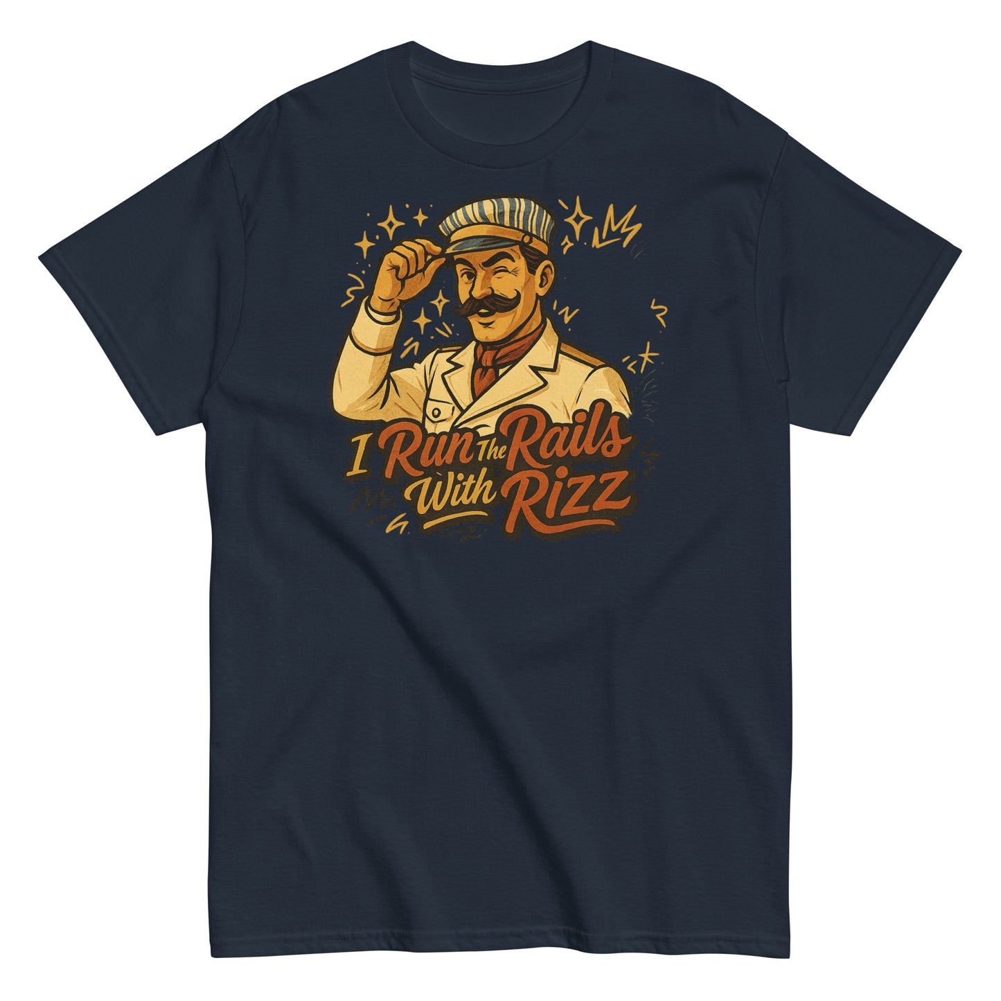 Navy blue t-shirt with a graphic of a man and text 'I Run the Rails with Rizz' on a white background