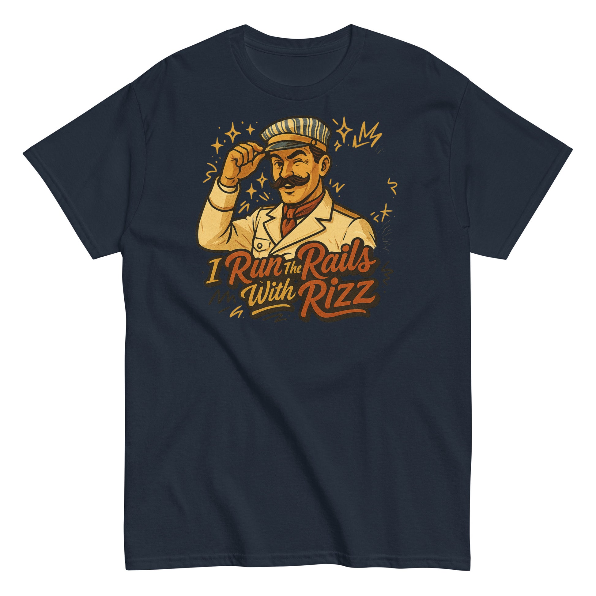 Navy blue t-shirt with a graphic of a man and text 'I Run the Rails with Rizz' on a white background