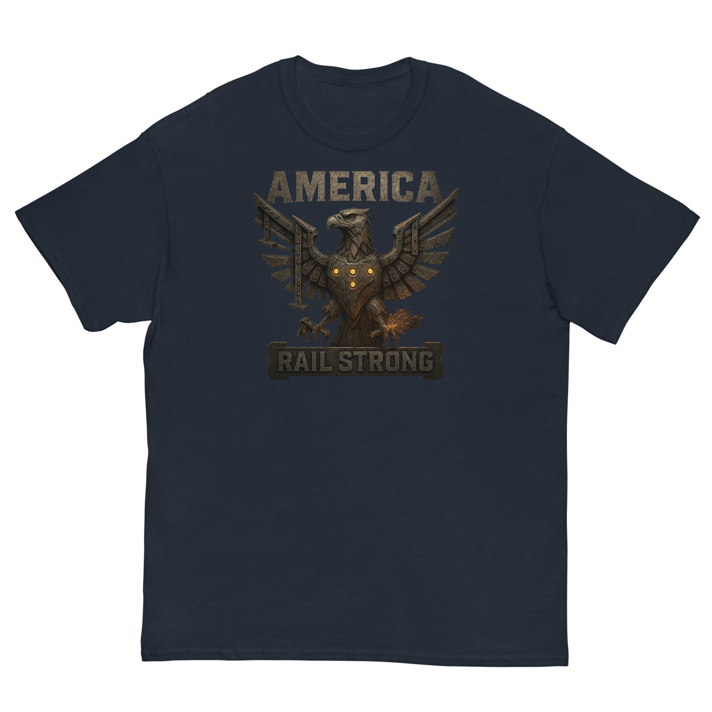 Navy blue t-shirt with an eagle graphic and 'America Rail Strong' text on a white background