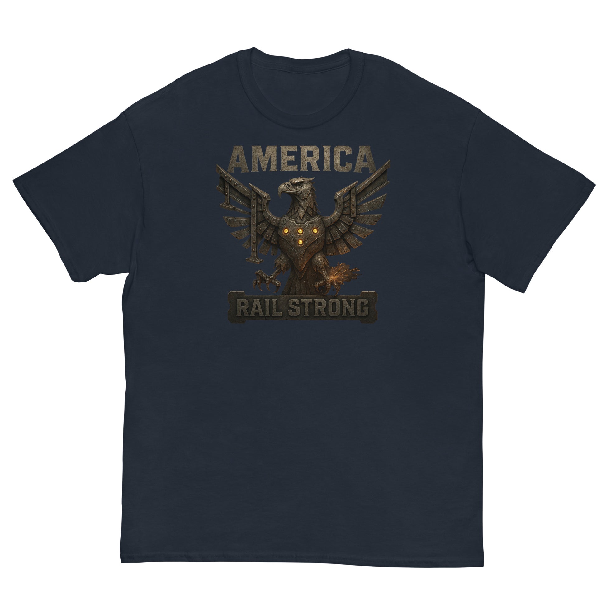 Navy blue t-shirt with an eagle graphic and 'America Rail Strong' text on a white background