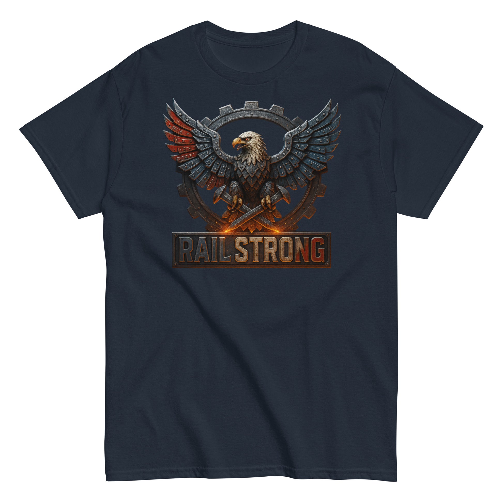 Navy blue t-shirt with 'Rail Strong' graphic featuring an eagle and gears on a white background