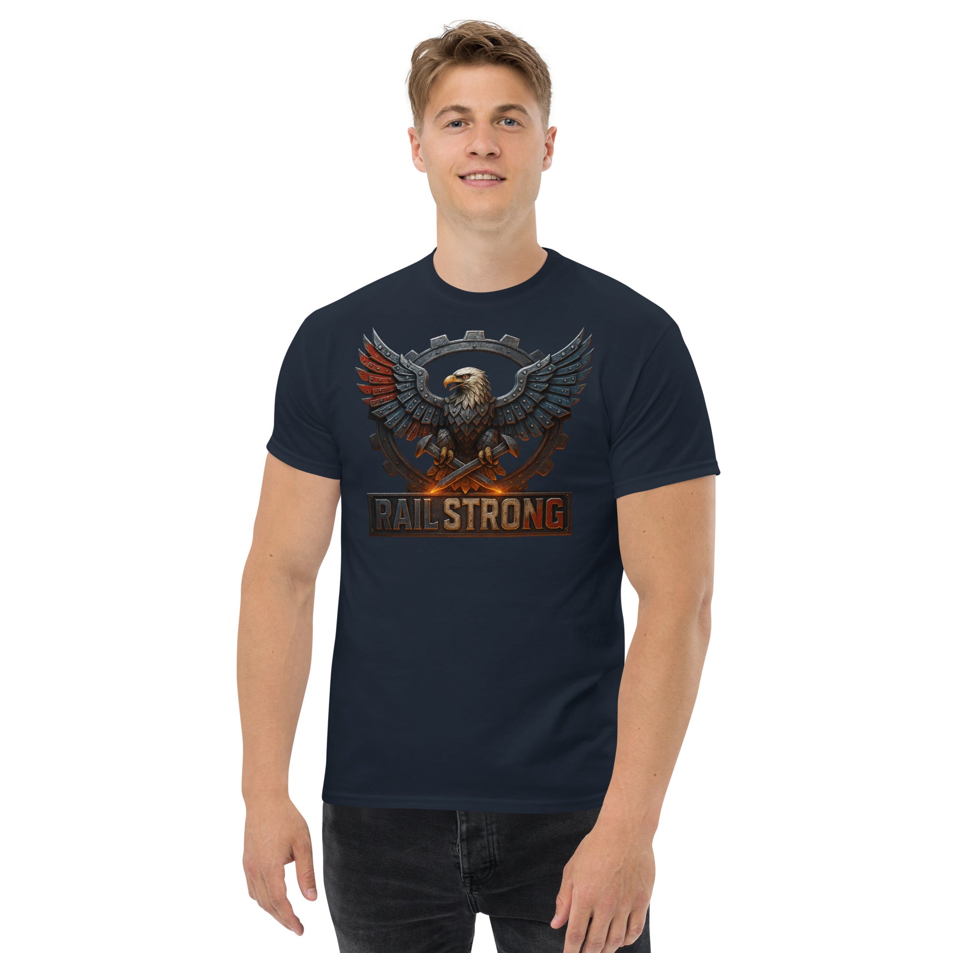 Man wearing a navy blue t-shirt with an eagle graphic and 'RAI STRONG' text on a white background