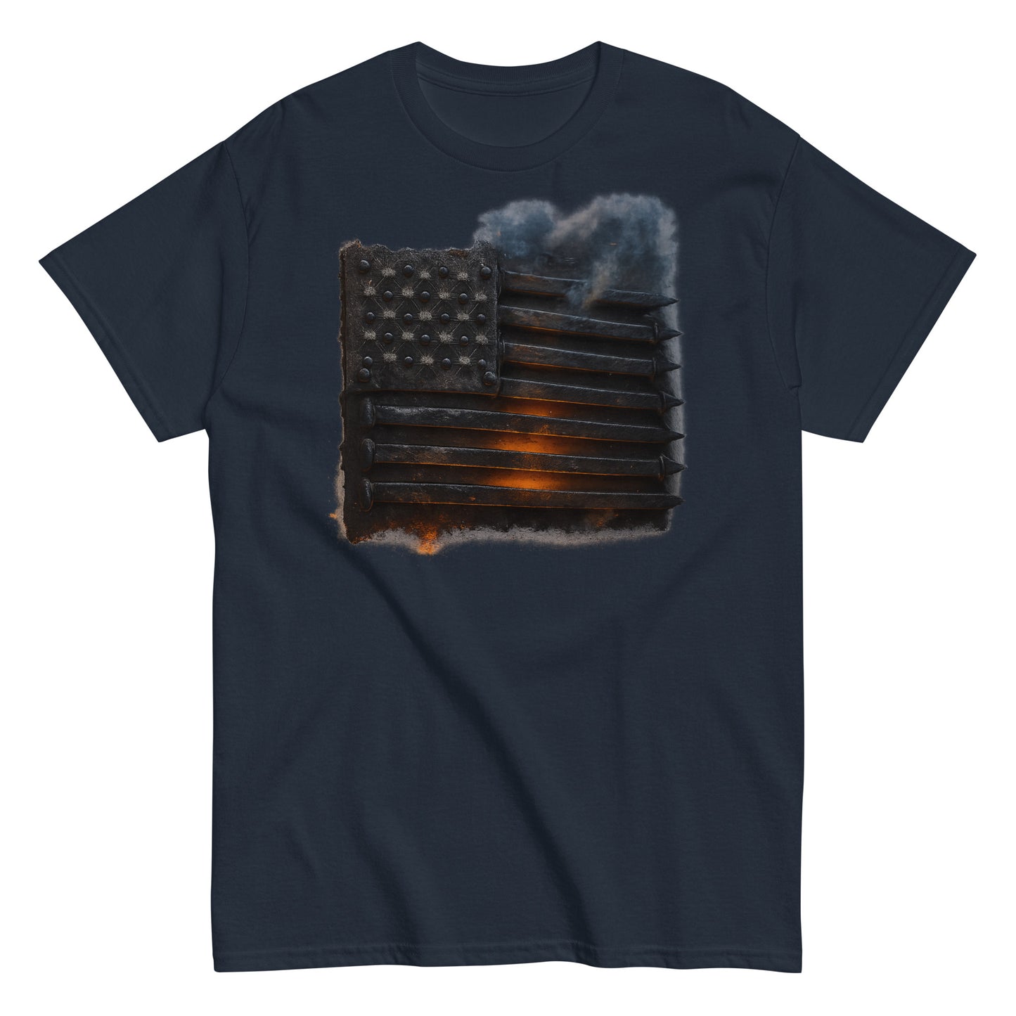 navy t-shirt with a graphic of a distressed American flag on a white background