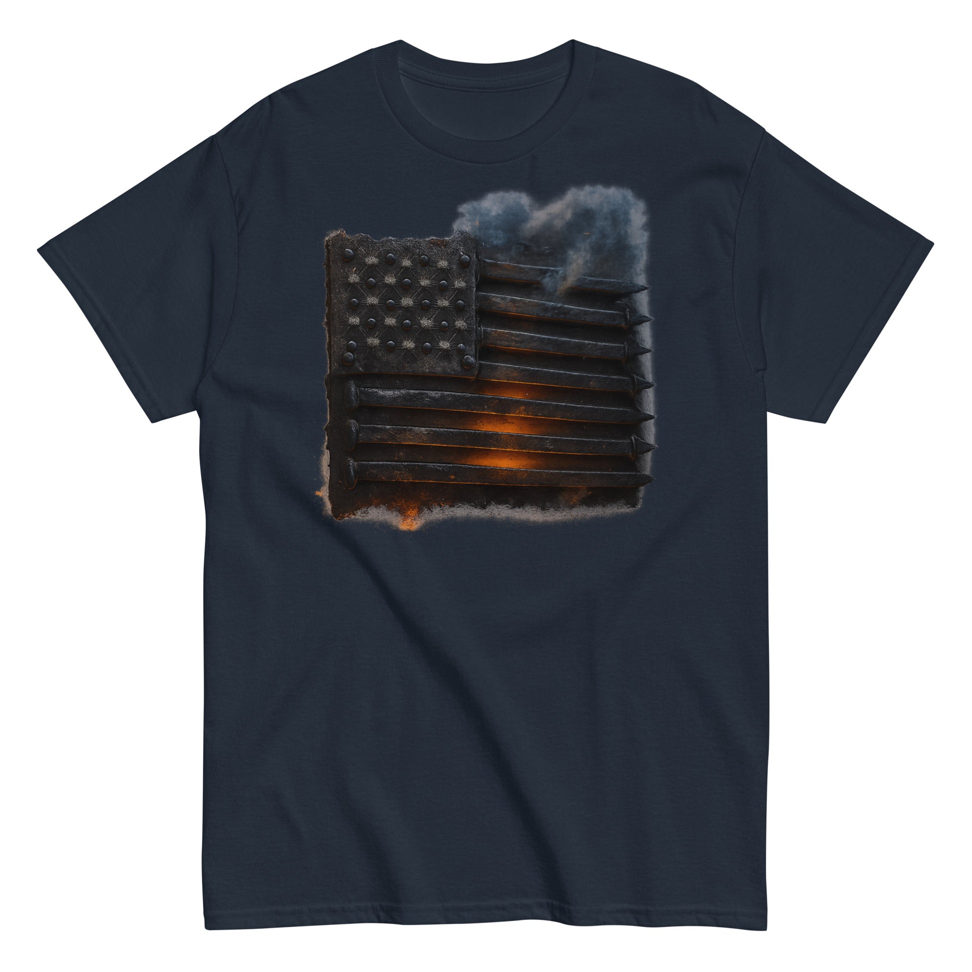 navy t-shirt with a graphic of a distressed American flag on a white background