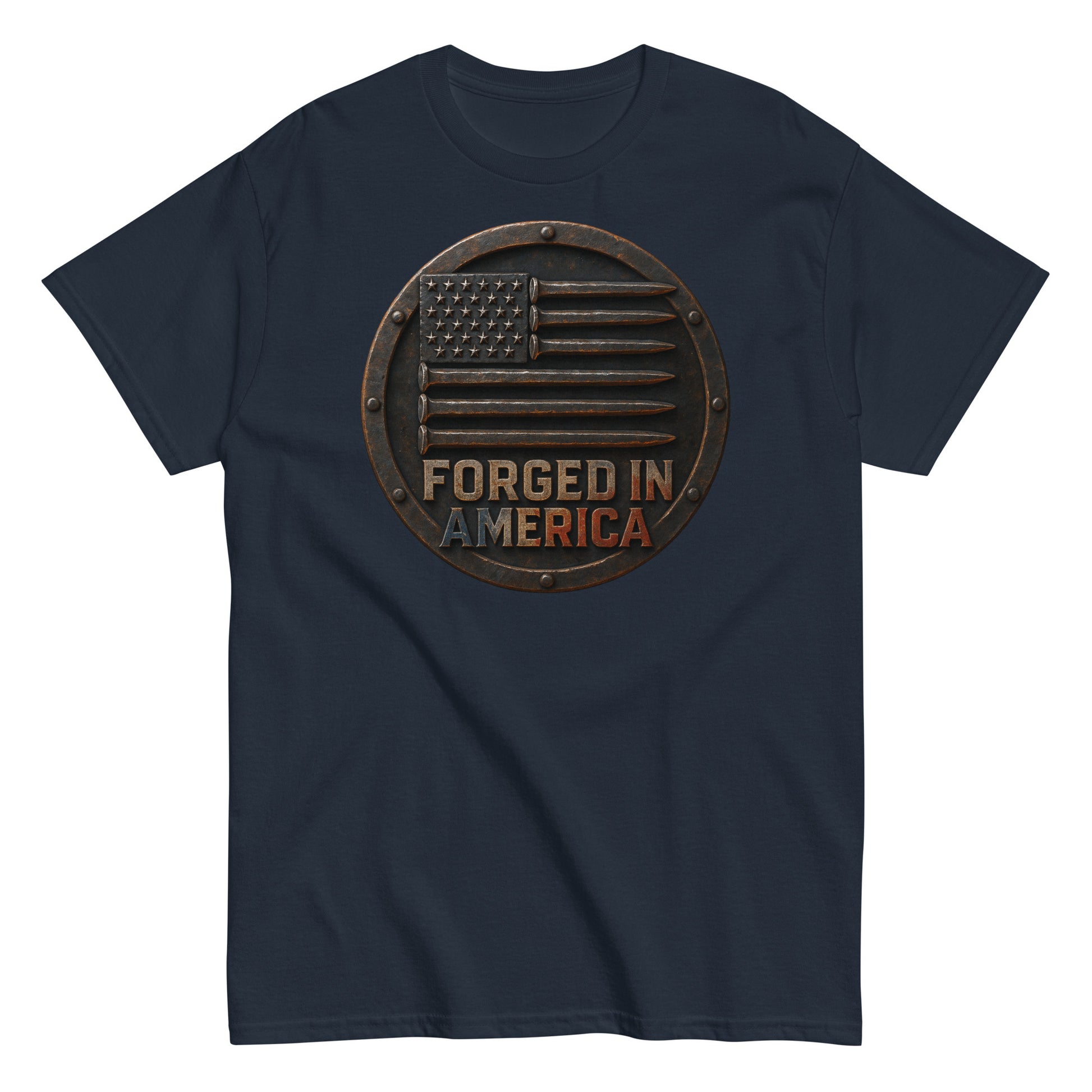 Navy blue t-shirt with 'Forged in America' graphic on a white background