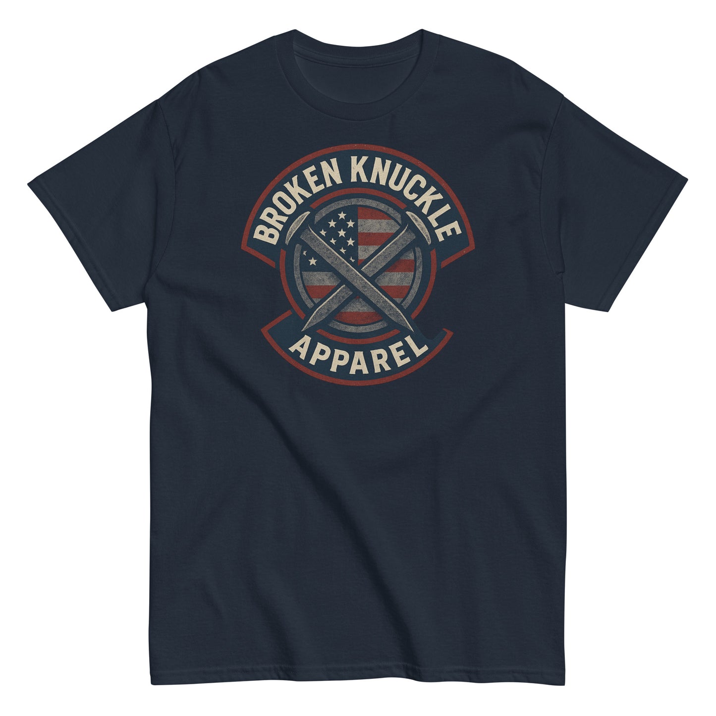 Navy blue t-shirt with 'Broken Knuckle Apparel' logo on a white background