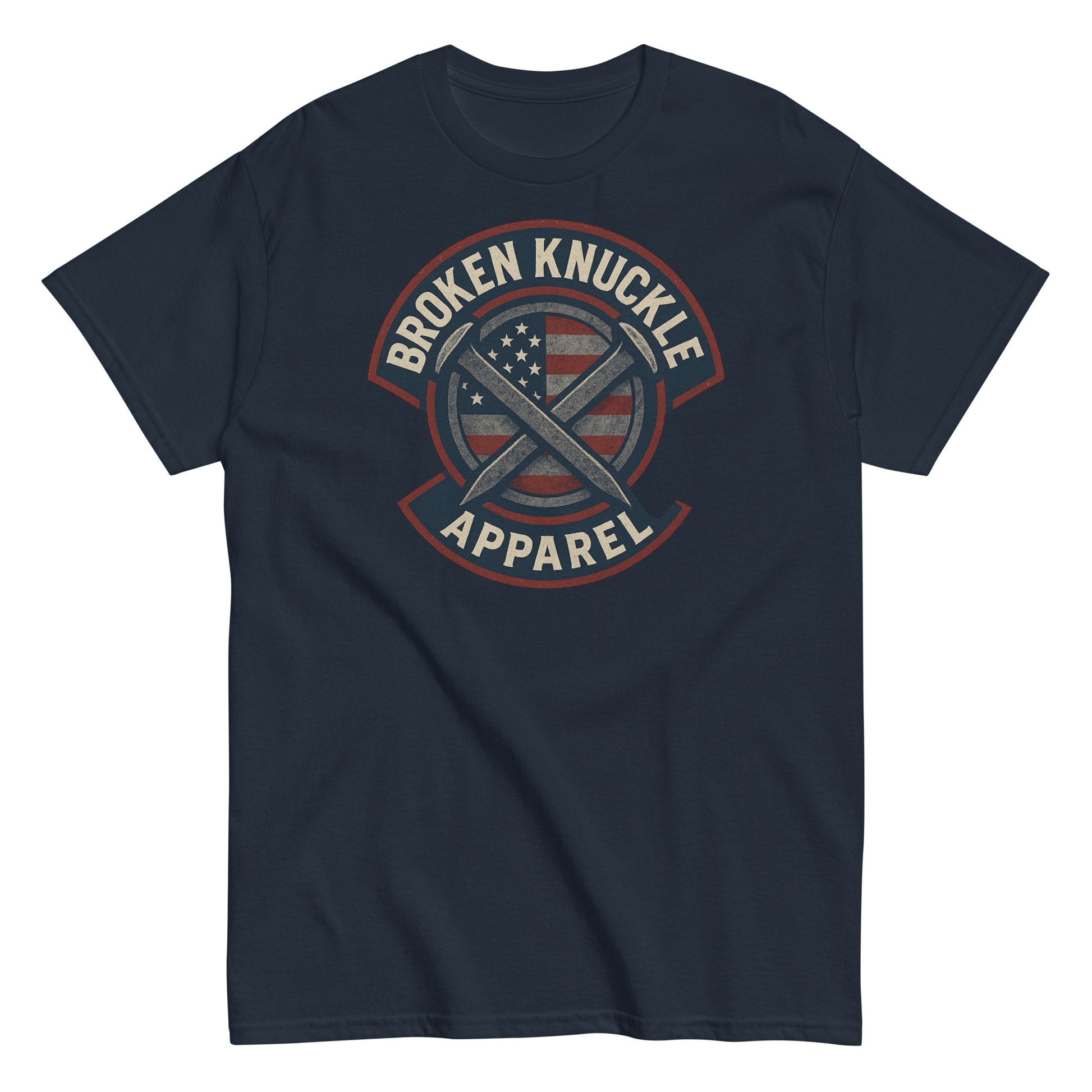 Navy blue t-shirt with 'Broken Knuckle Apparel' logo on a white background