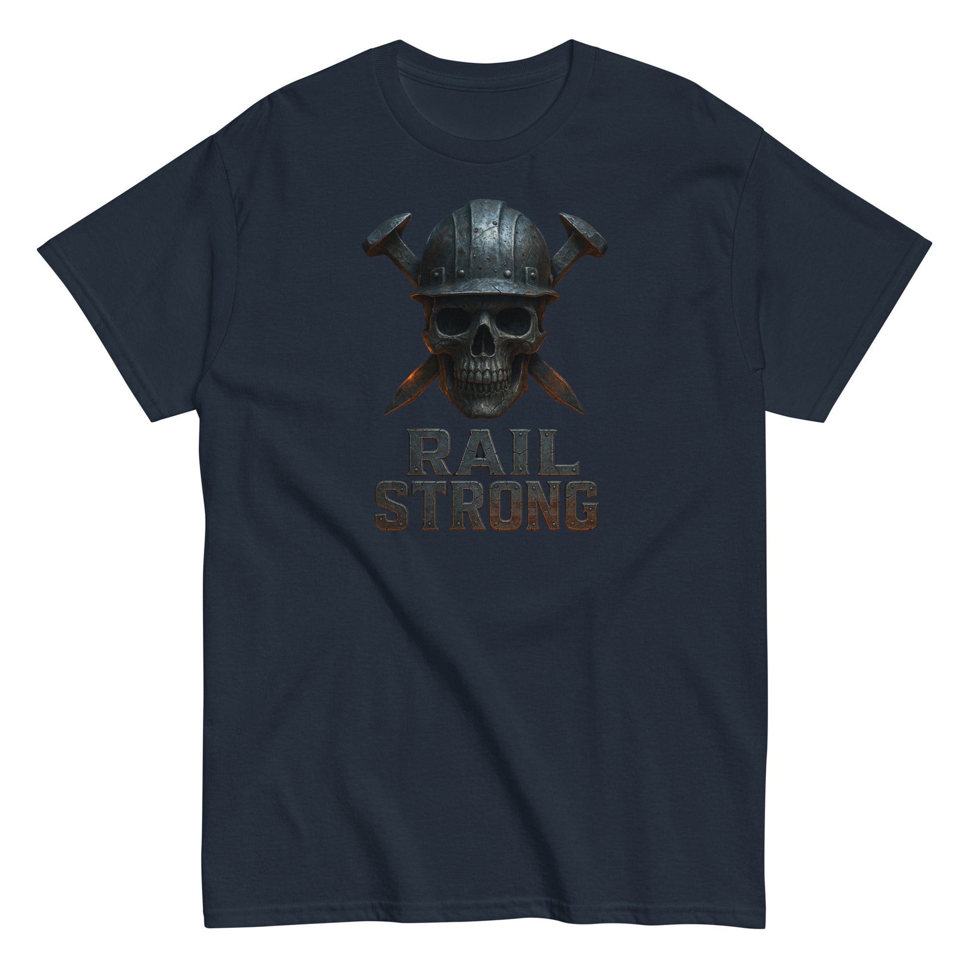 Navy blue t-shirt with a skull wearing a helmet and crossed swords graphic and 'RAIL STRONG' text.