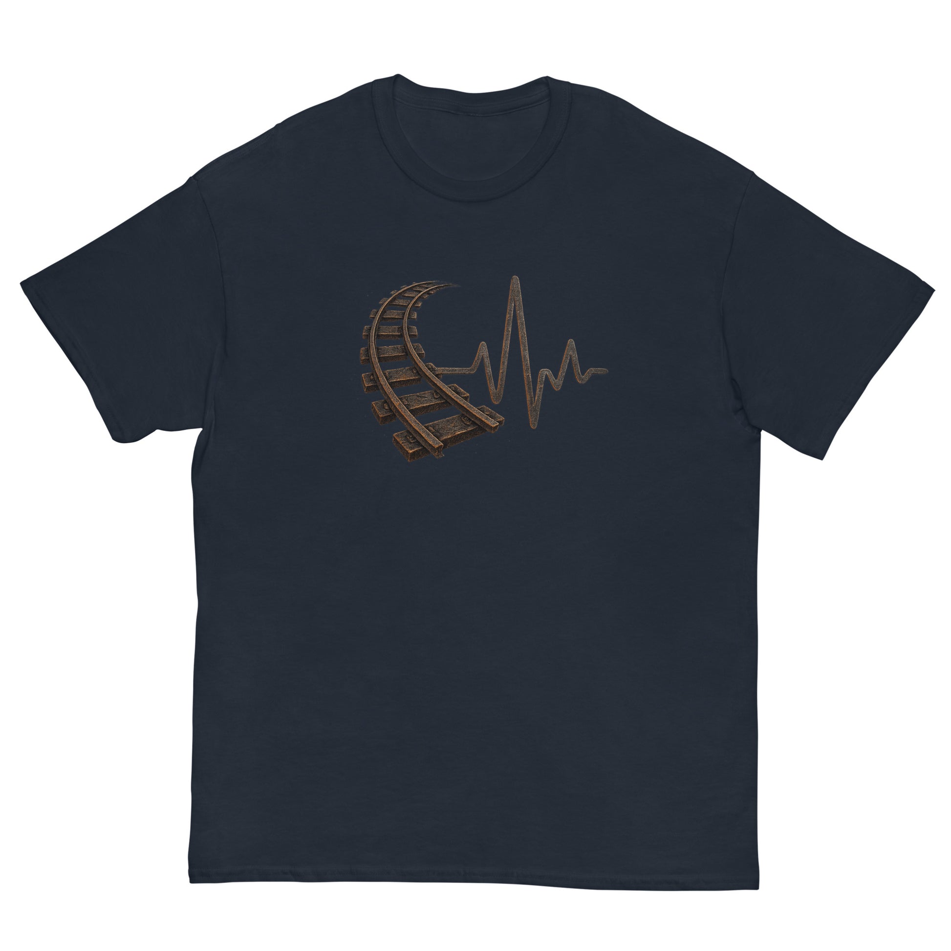 Black t-shirt with a roller coaster track and heartbeat line design on a white background