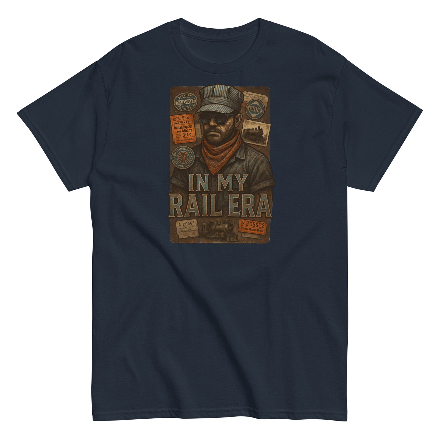 Navy blue t-shirt with a graphic design featuring a person in a cap and scarf, text 'IN MY RAIL ERA', and various labels on a white background.