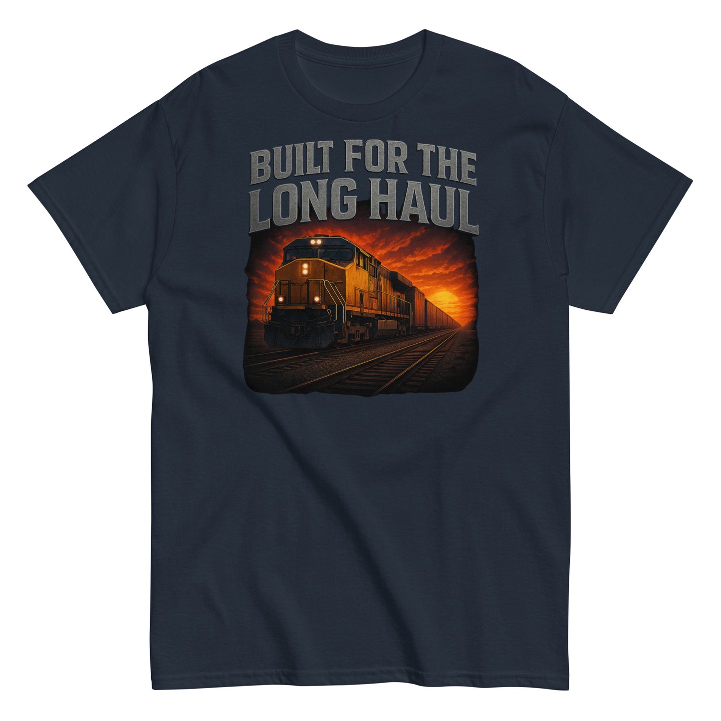 Navy blue t-shirt with a graphic of a train and 'Built for the Long Haul' text on a white background