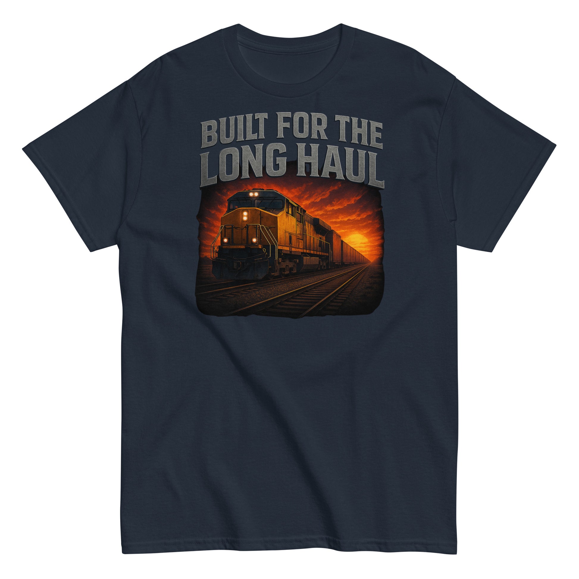Navy blue t-shirt with a graphic of a train and 'Built for the Long Haul' text on a white background