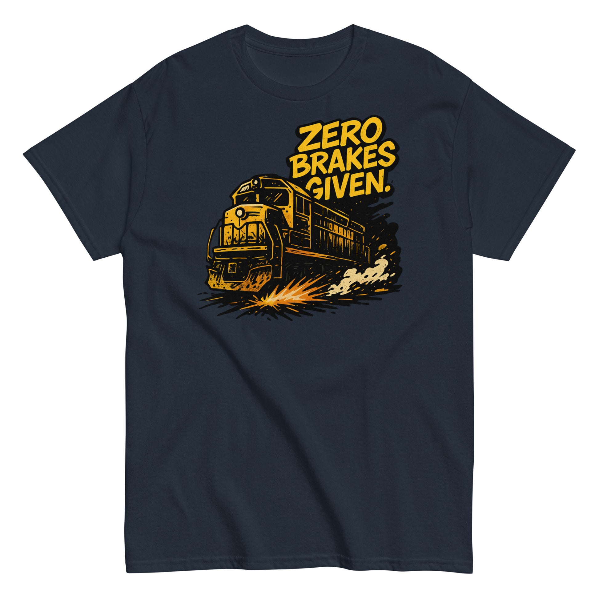 Navy blue t-shirt with a train graphic and 'Zero Brakes Given' text on a white background