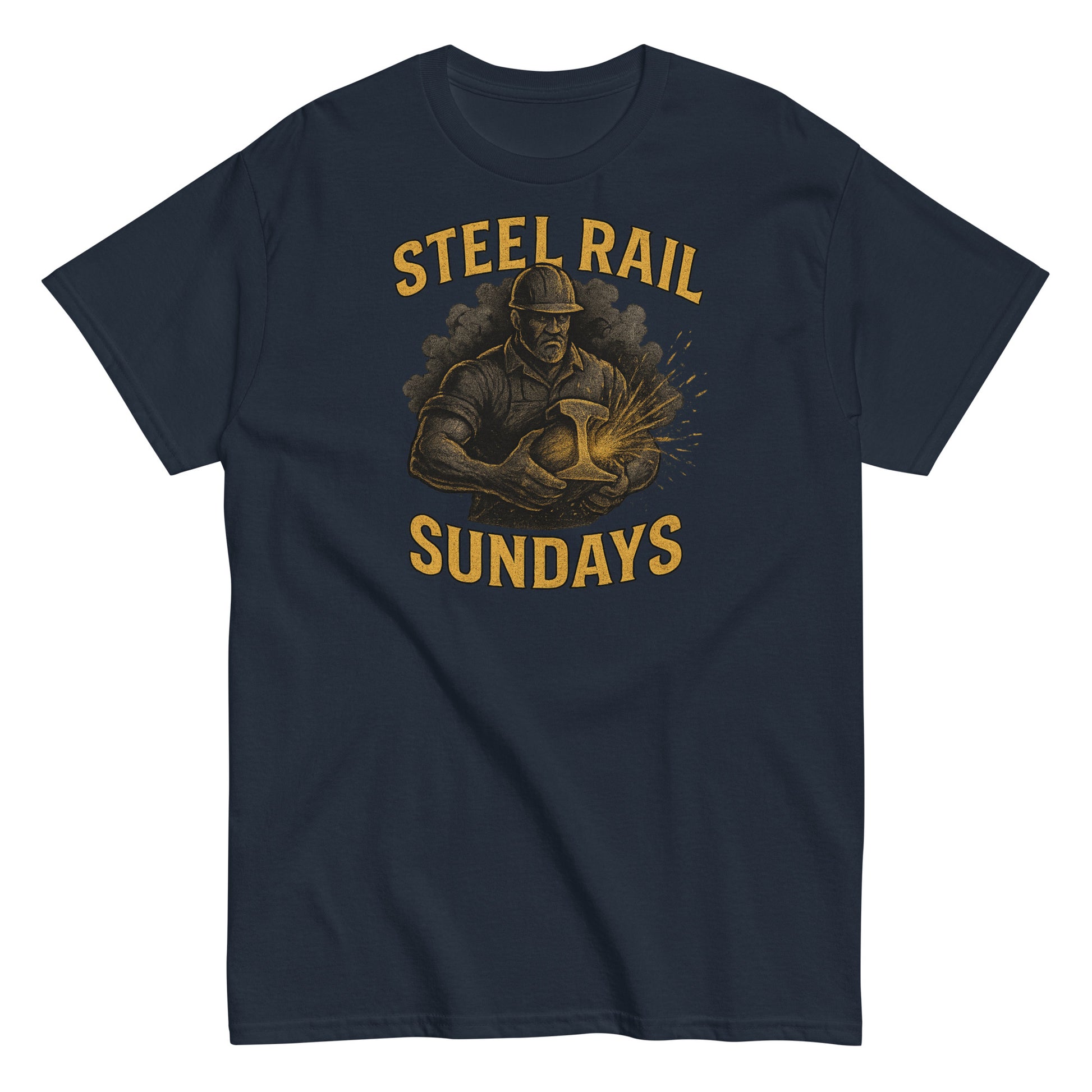 Navy blue t-shirt with 'Steel Rail Sundays' graphic design on a white background