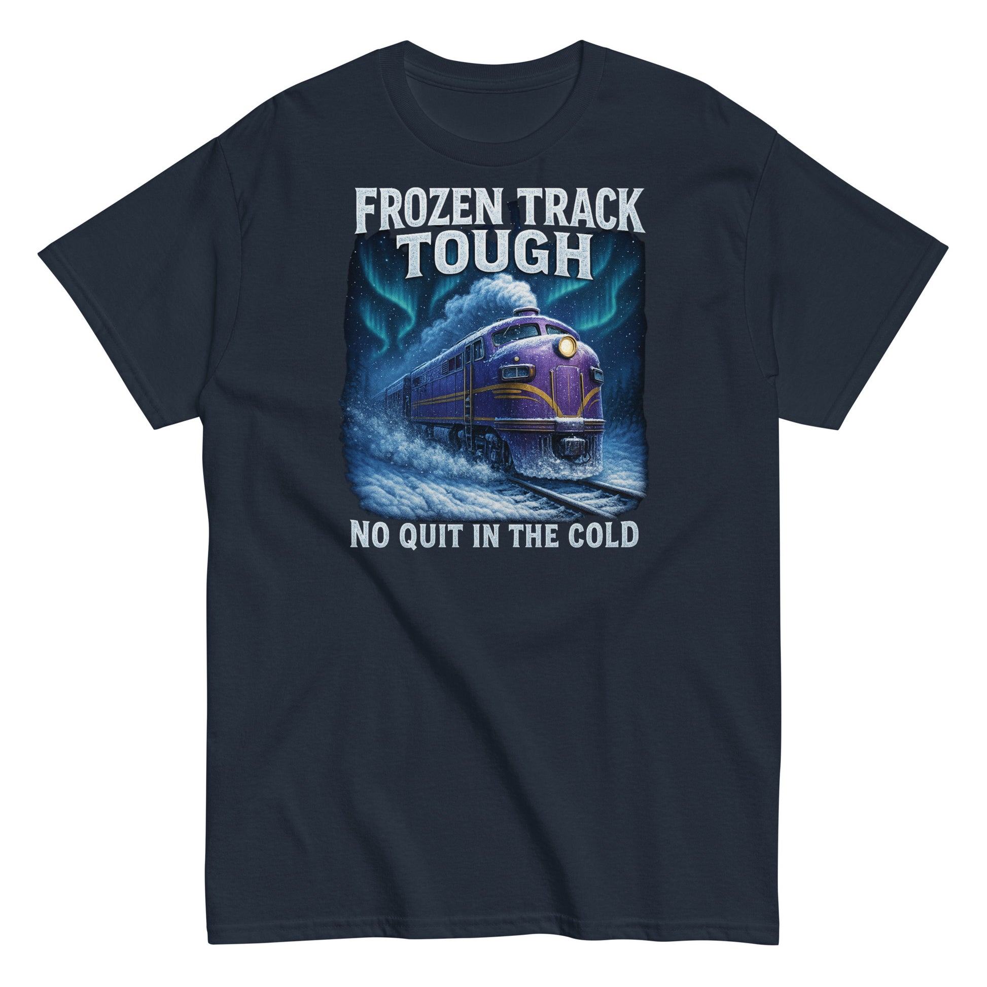 Navy blue t-shirt with a train graphic and text 'Frozen Track Tough, No Quit in the Cold' on a white background.