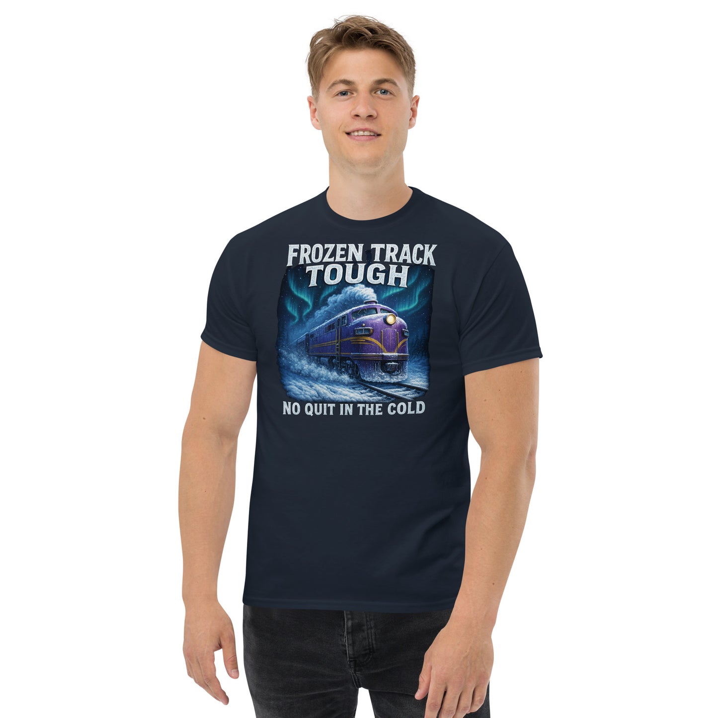 Person wearing a navy blue t-shirt with a graphic and text 'Frozen Track Tough No Quit in the Cold' on a white background