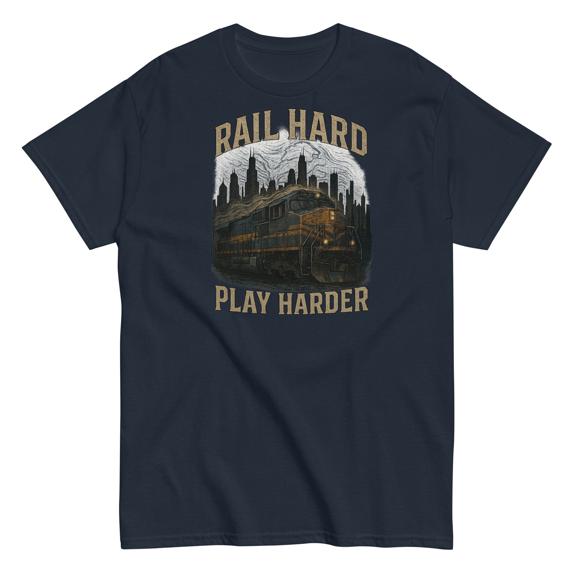 Navy blue t-shirt with graphic design and text 'Rail Hard Play Harder' on a white background