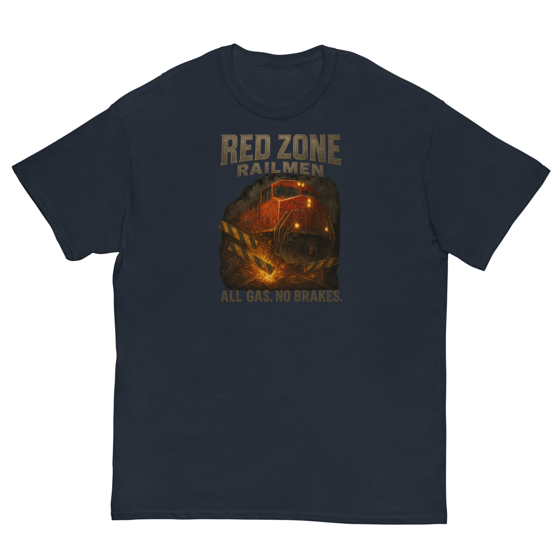 Navy blue t-shirt with a graphic of a train and text 'Red Zone Railmen All Gas No Brakes' on a white background