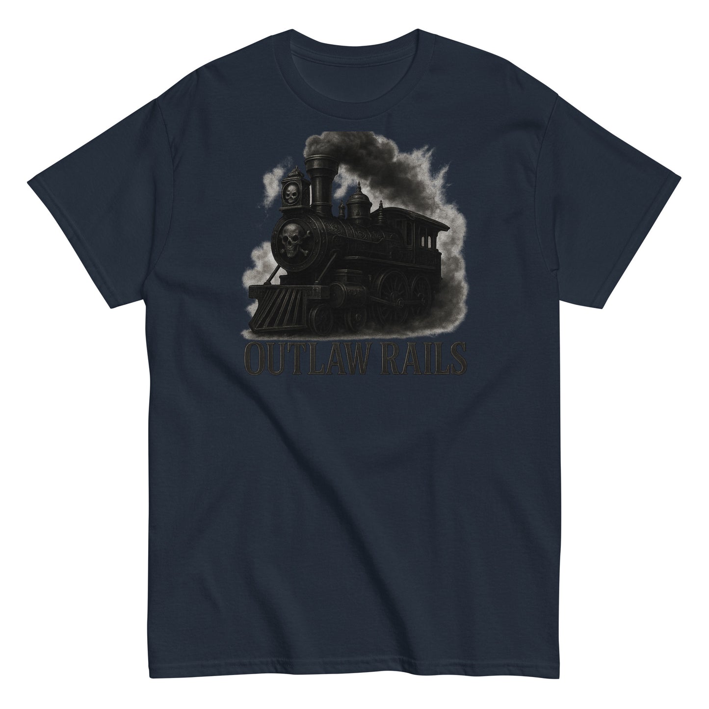 Navy blue t-shirt with a steam locomotive graphic and 'Outlaw Rails' text on a white background