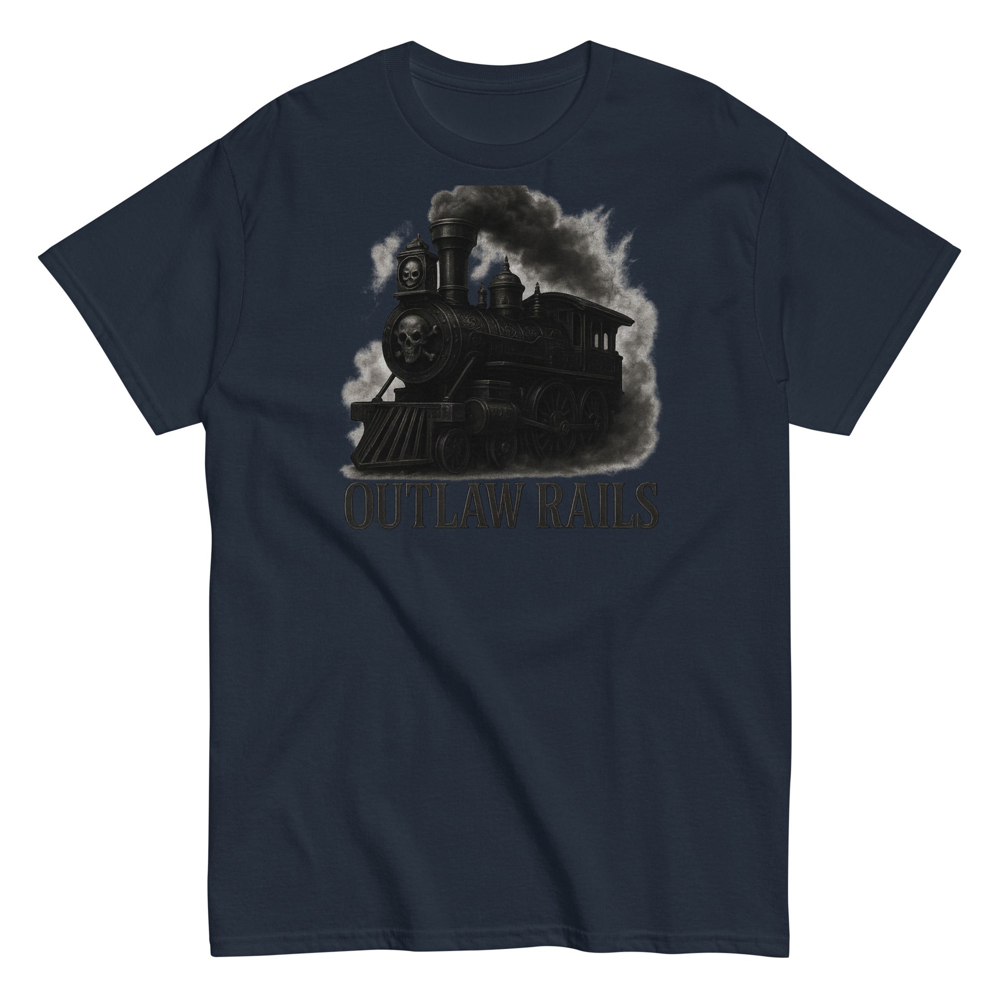 Navy blue t-shirt with a steam locomotive graphic and 'Outlaw Rails' text on a white background