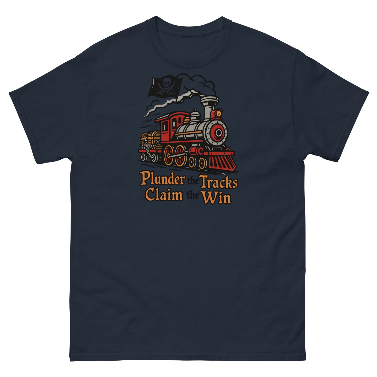 Navy blue t-shirt with a steam locomotive graphic and text on a white background