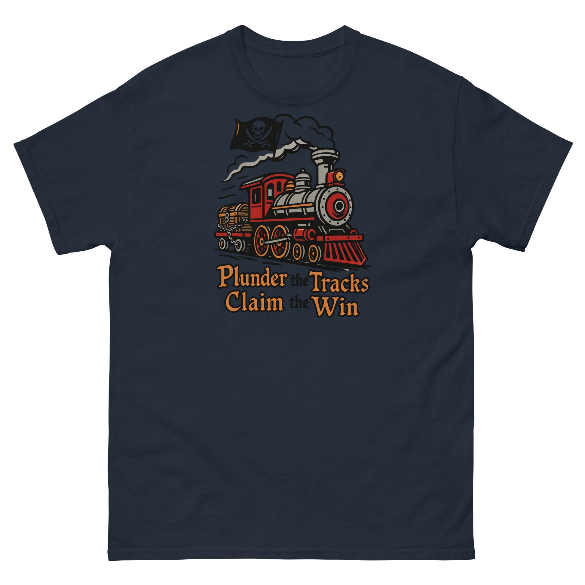 Navy blue t-shirt with a steam locomotive graphic and text on a white background