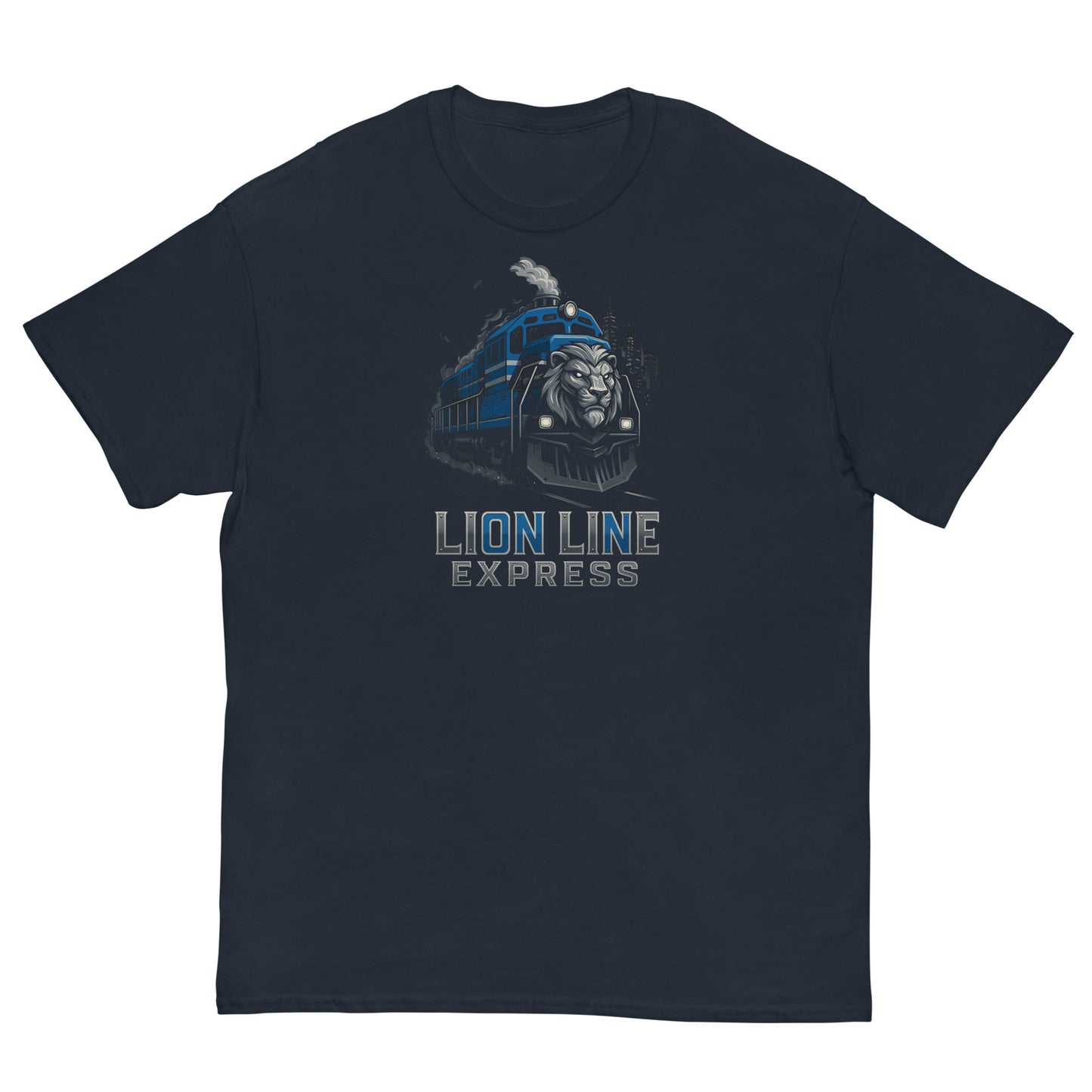 Navy blue t-shirt with 'Lion Line Express' graphic on a white background