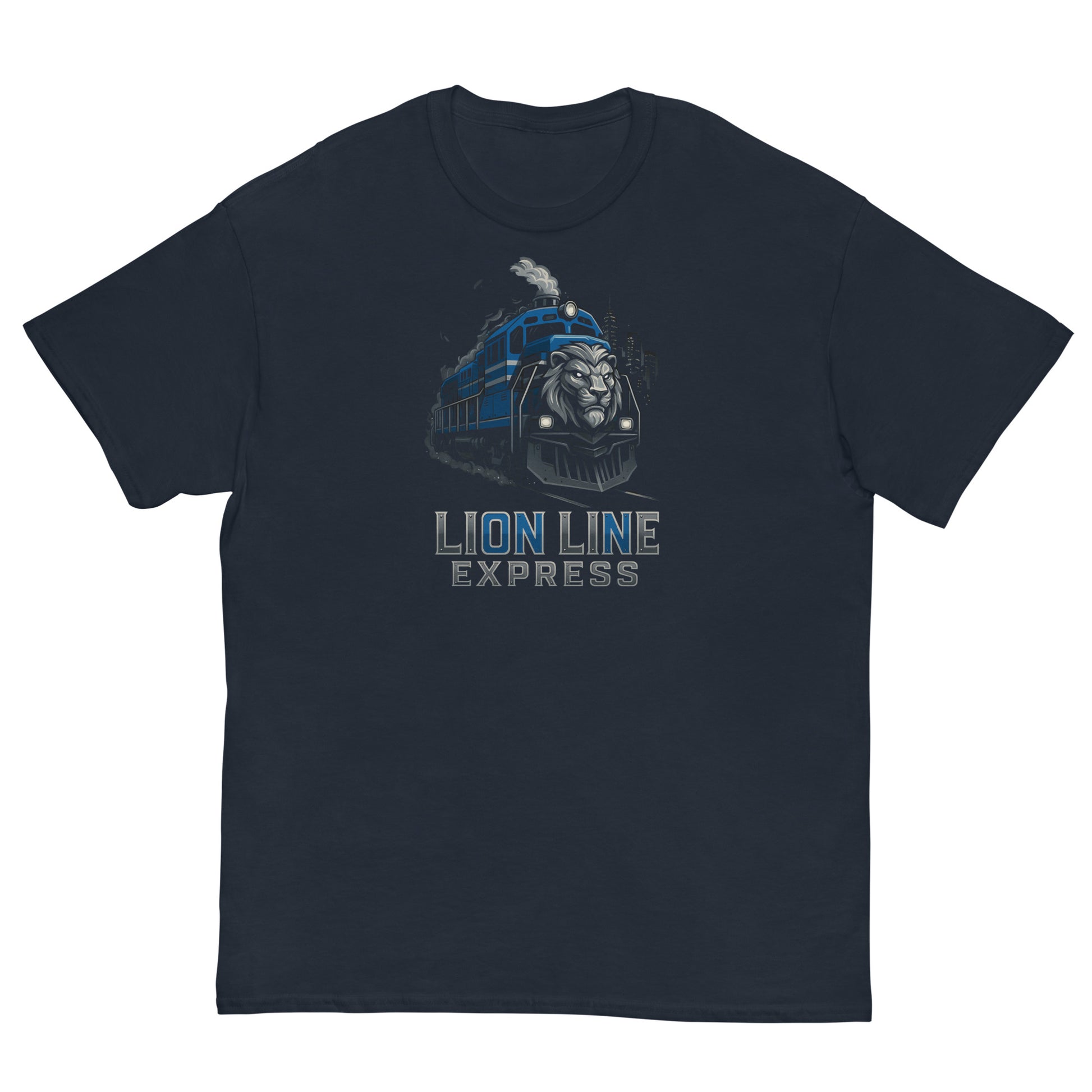 Navy blue t-shirt with 'Lion Line Express' graphic on a white background