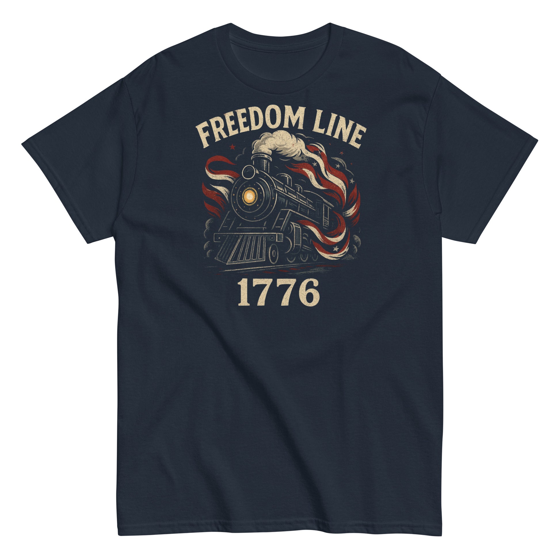 Navy blue t-shirt with 'Freedom Line 1776' graphic design featuring a train and American flag on a white background.