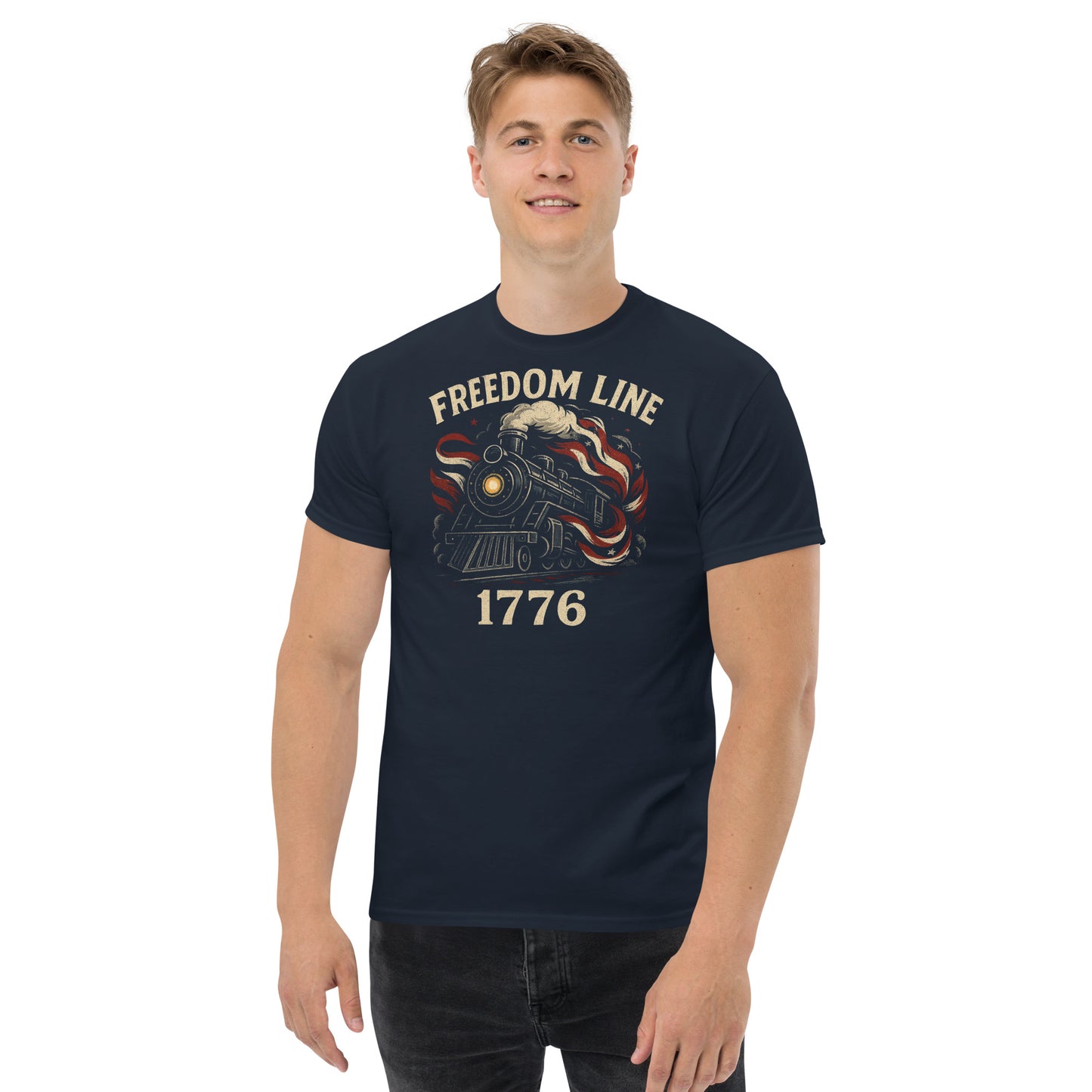 Man wearing a navy blue t-shirt with 'Freedom Line 1776' graphic design on a white background