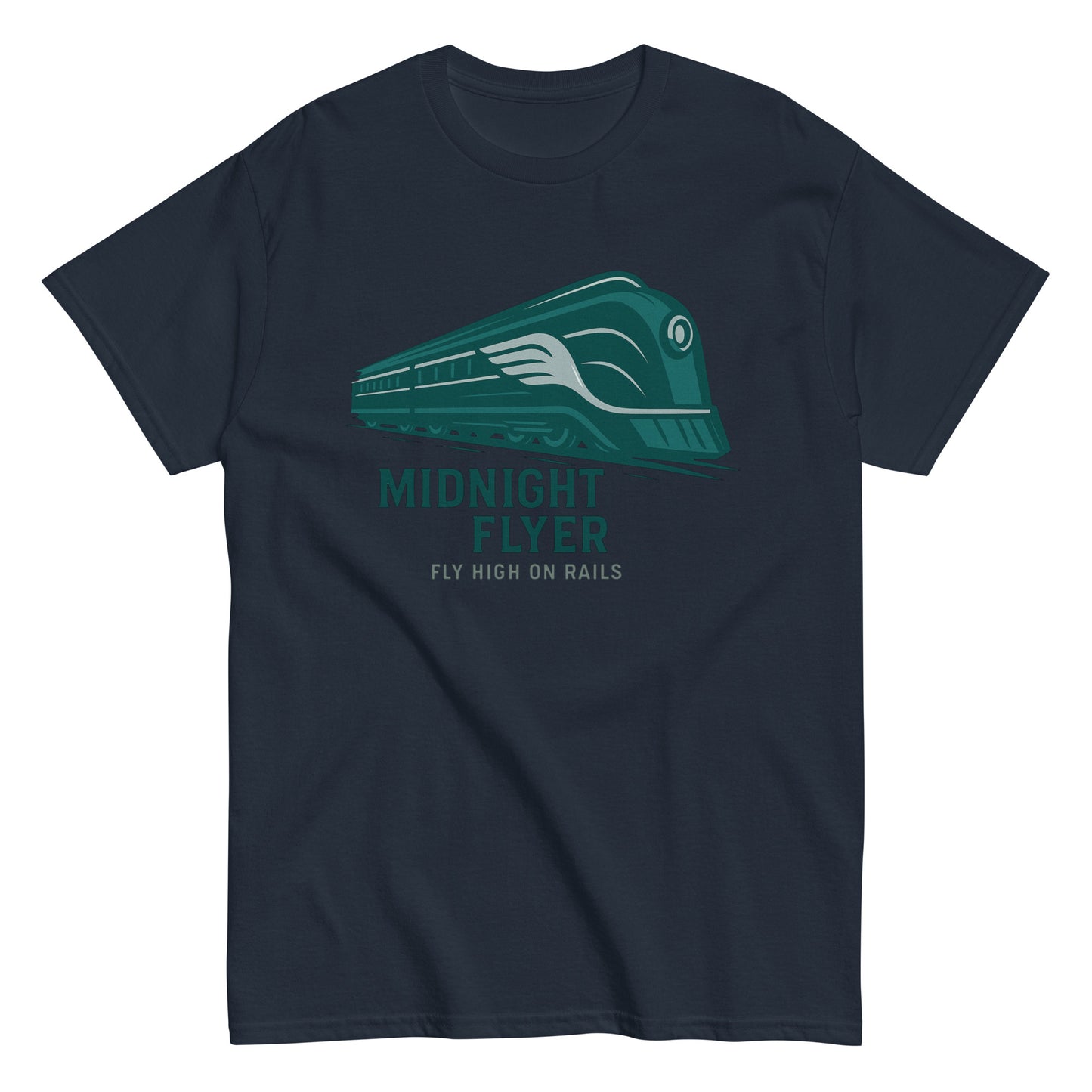 Navy blue t-shirt with teal train graphic and text 'Midnight Flyer' on a white background