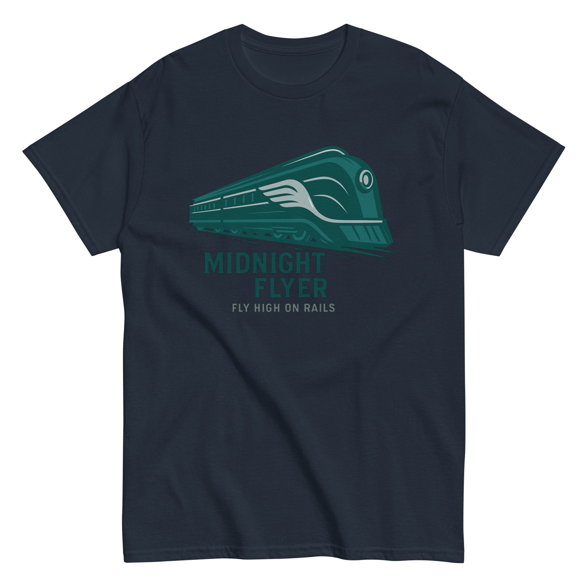 Navy blue t-shirt with teal train graphic and text 'Midnight Flyer' on a white background