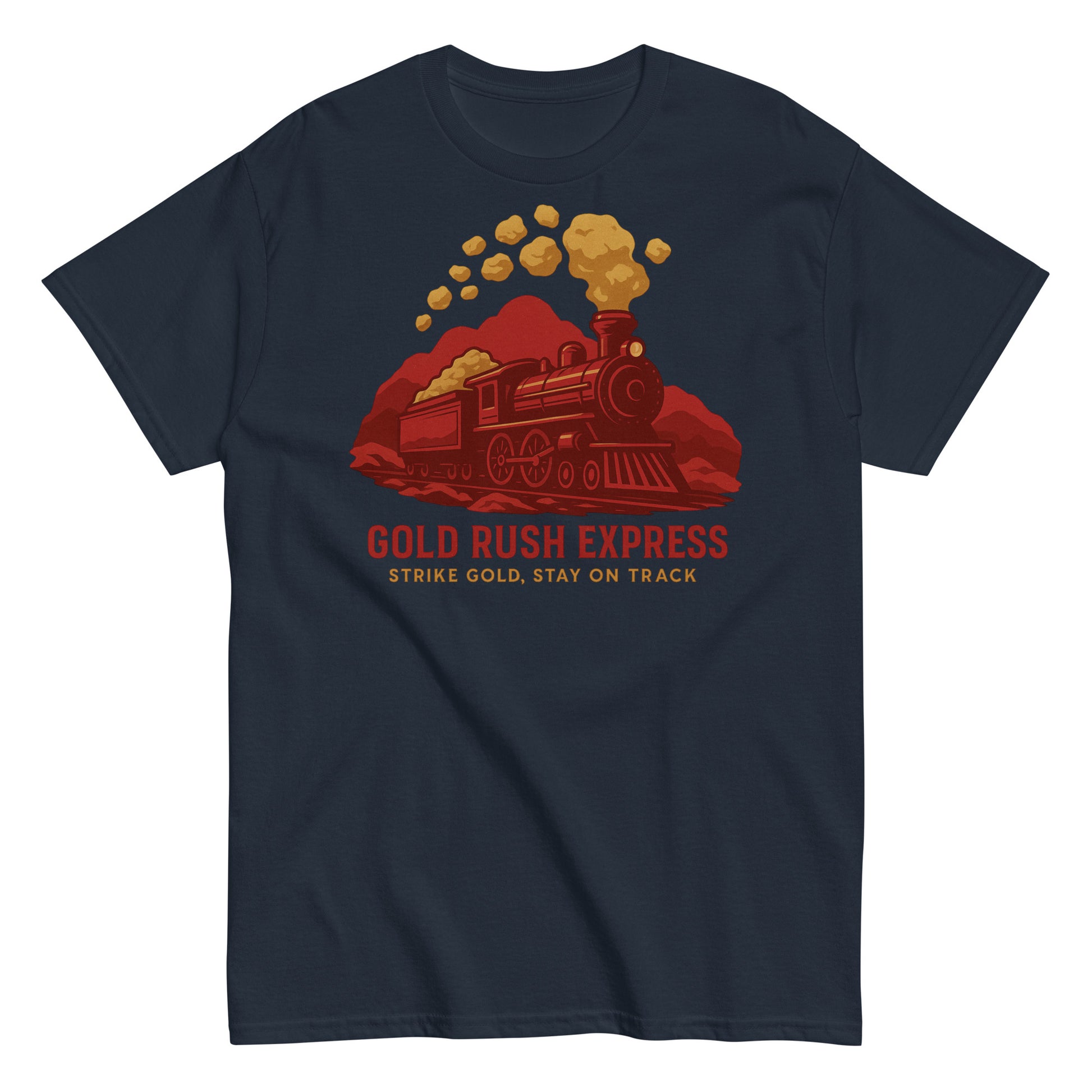 Navy blue t-shirt with a red train graphic and 'Gold Rush Express' text on a white background