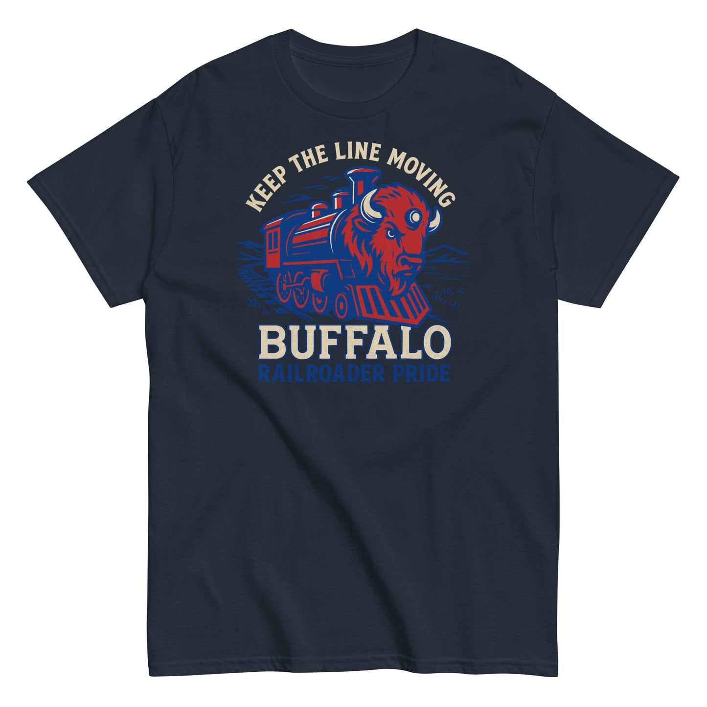 Navy blue t-shirt with a graphic of a train and buffalo, and text 'Keep the Line Moving Buffalo'.