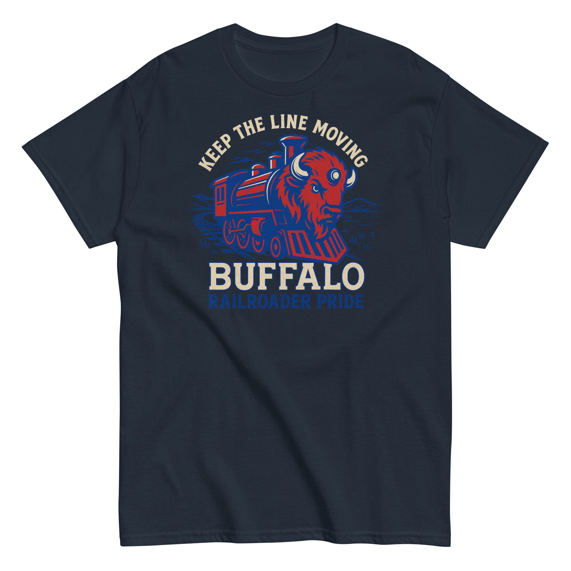 Navy blue t-shirt with a graphic of a train and buffalo, and text 'Keep the Line Moving Buffalo'.