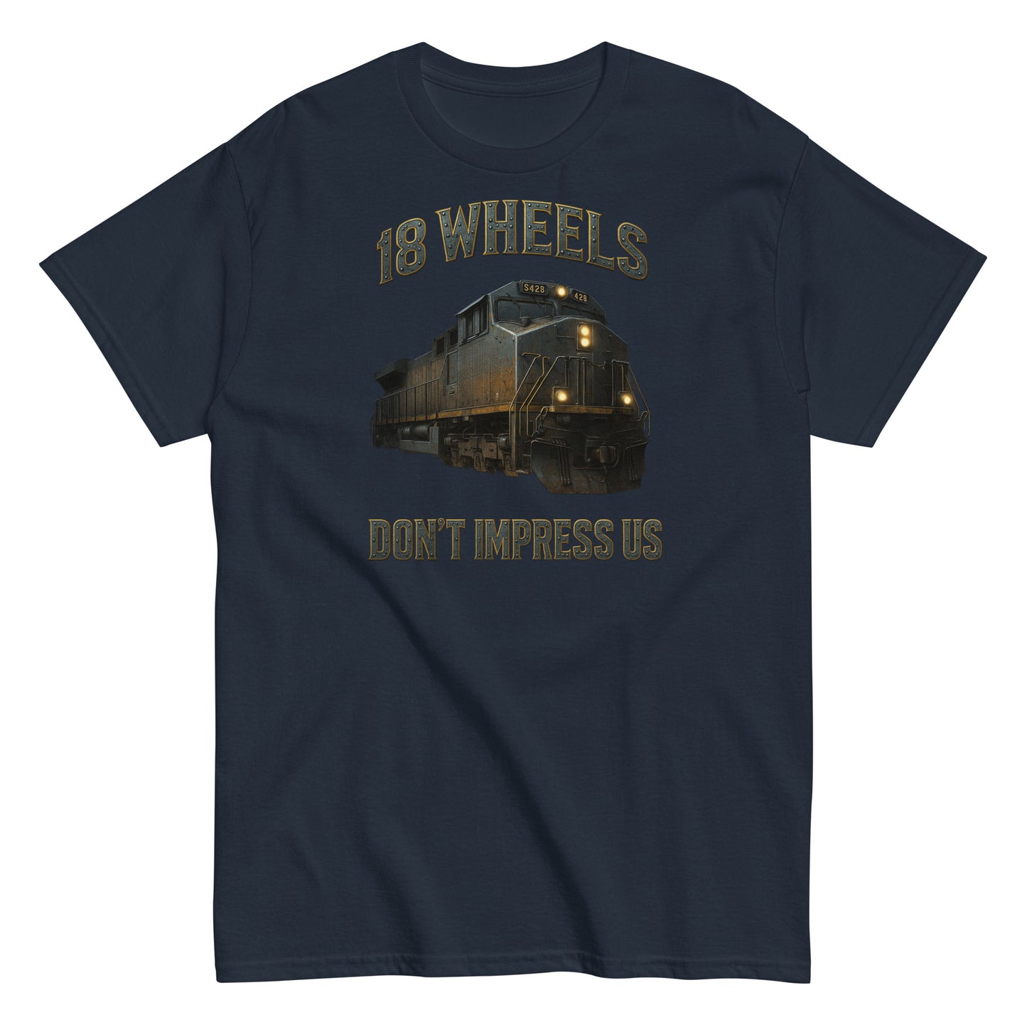 Navy blue t-shirt with a train graphic and text on a white background