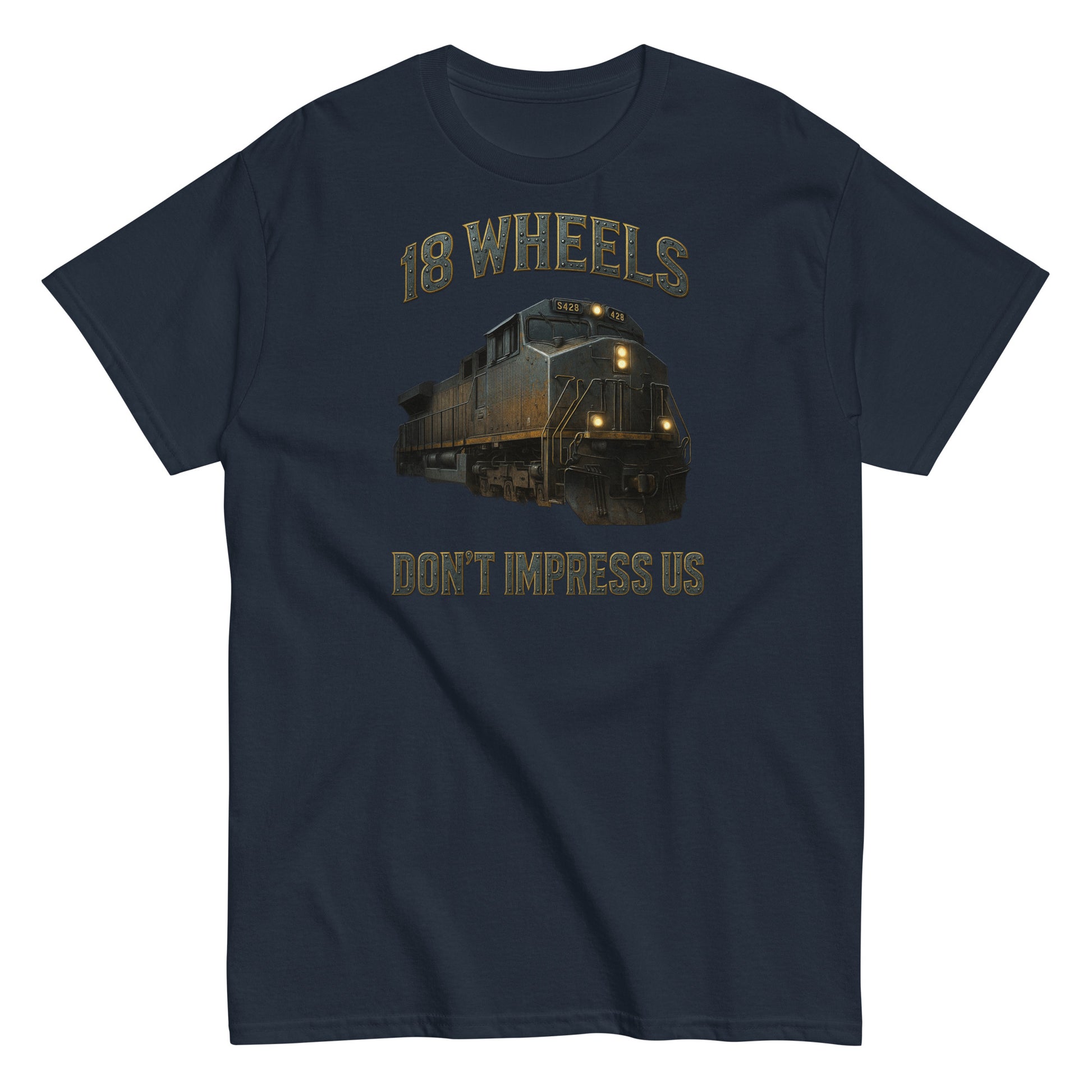 Navy blue t-shirt with a train graphic and text on a white background