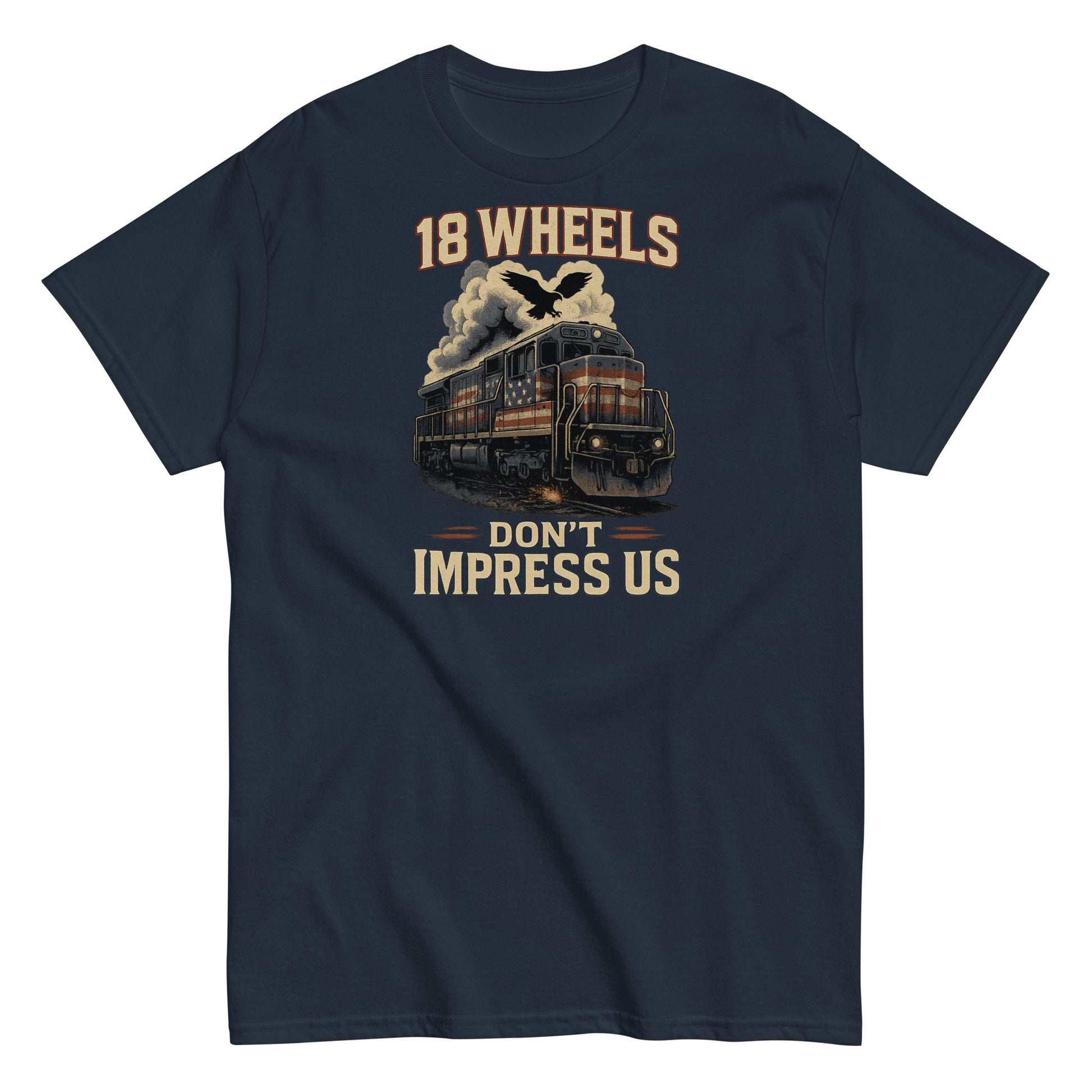 Navy blue t-shirt with a train graphic and text on a white background