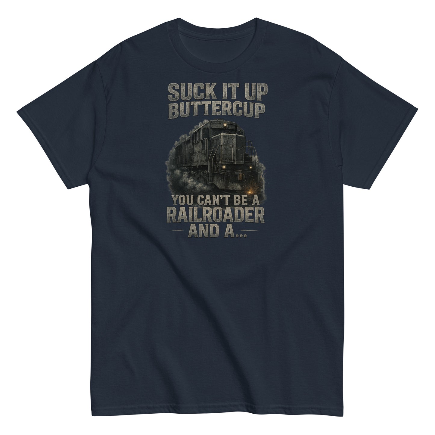 Navy blue t-shirt with a graphic of a train and text on a white background