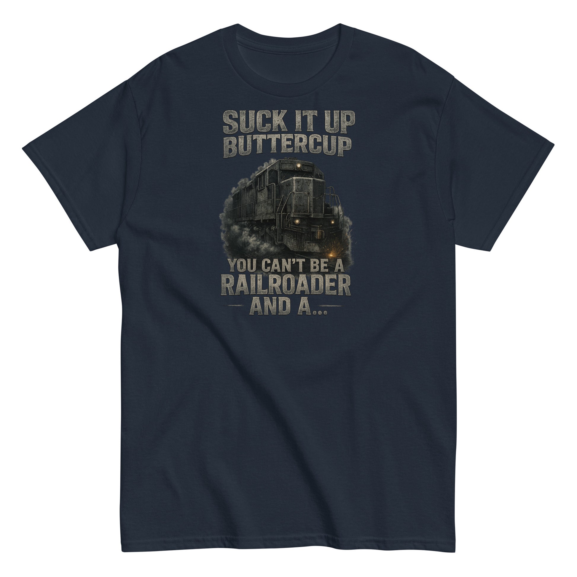 Navy blue t-shirt with a graphic of a train and text on a white background