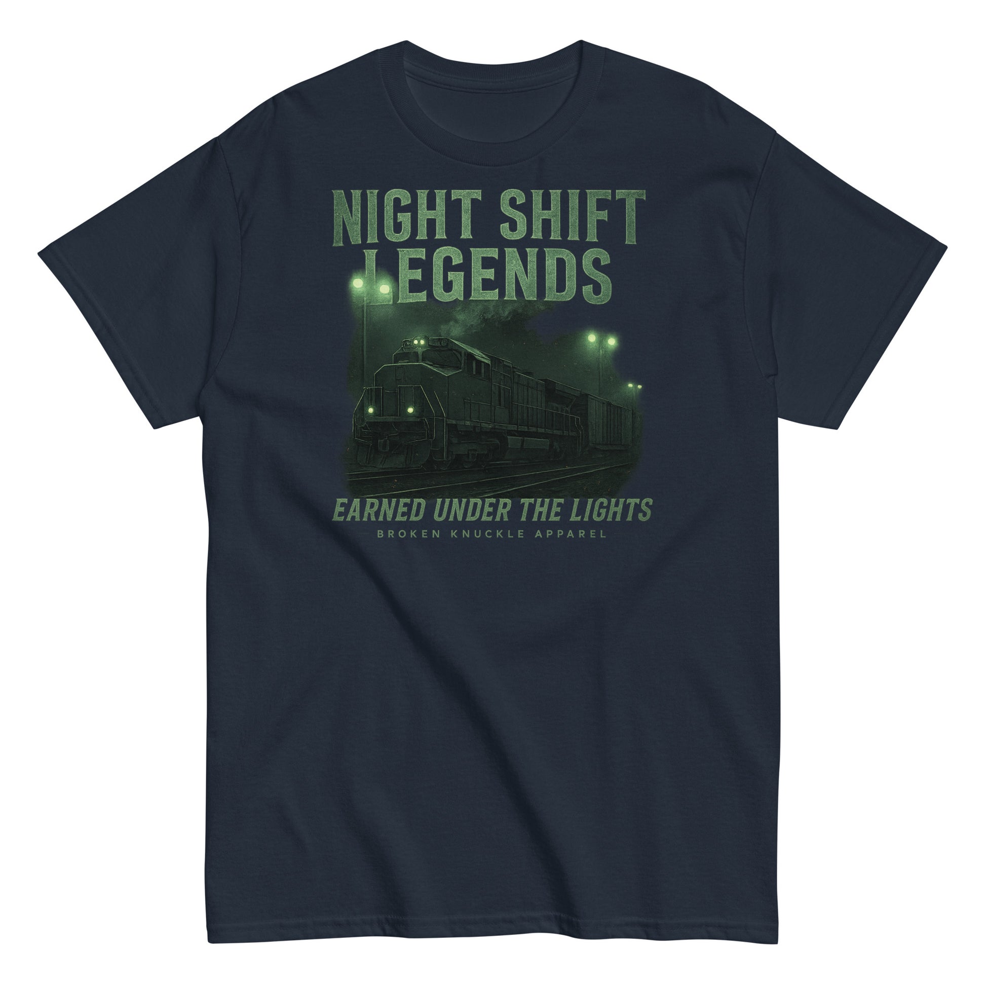Navy blue t-shirt with 'Night Shift Legends' graphic and text on a white background