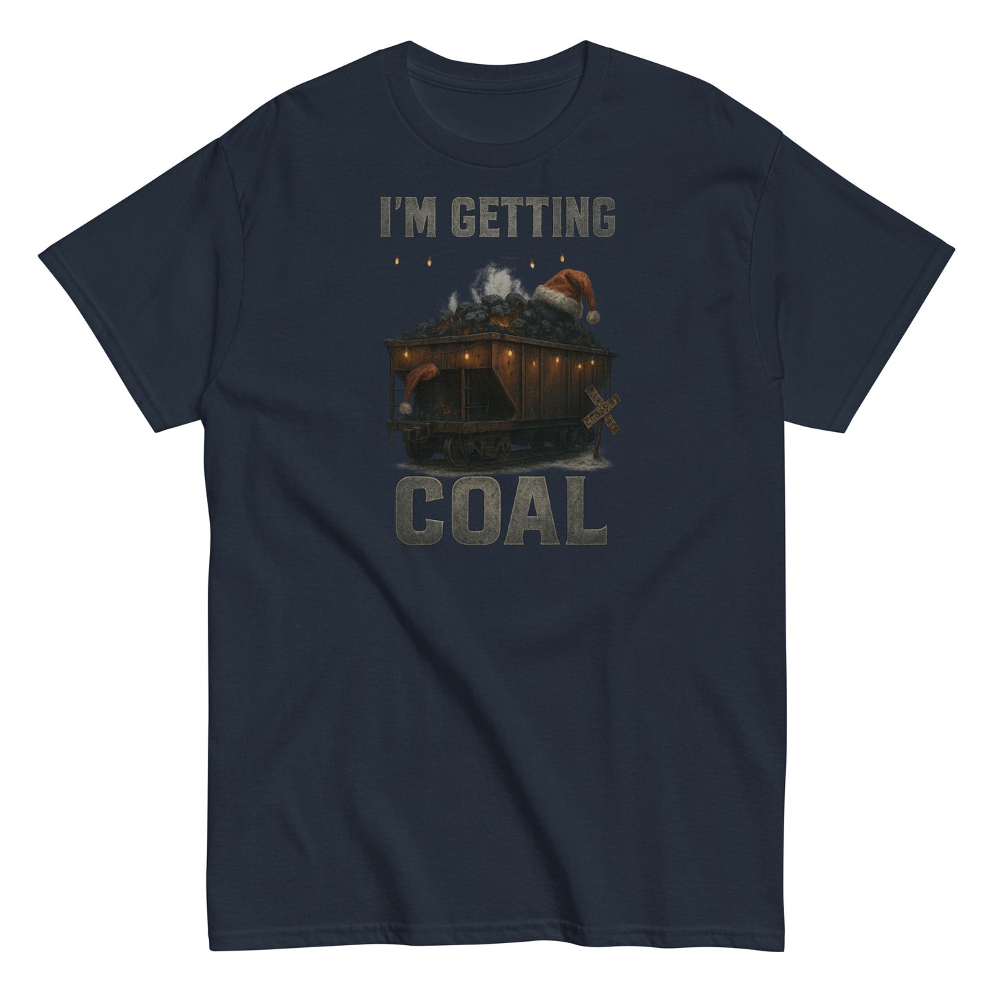 Navy blue t-shirt with a graphic of a sled with Santa and text 'I'm Getting Coal' on a white background.
