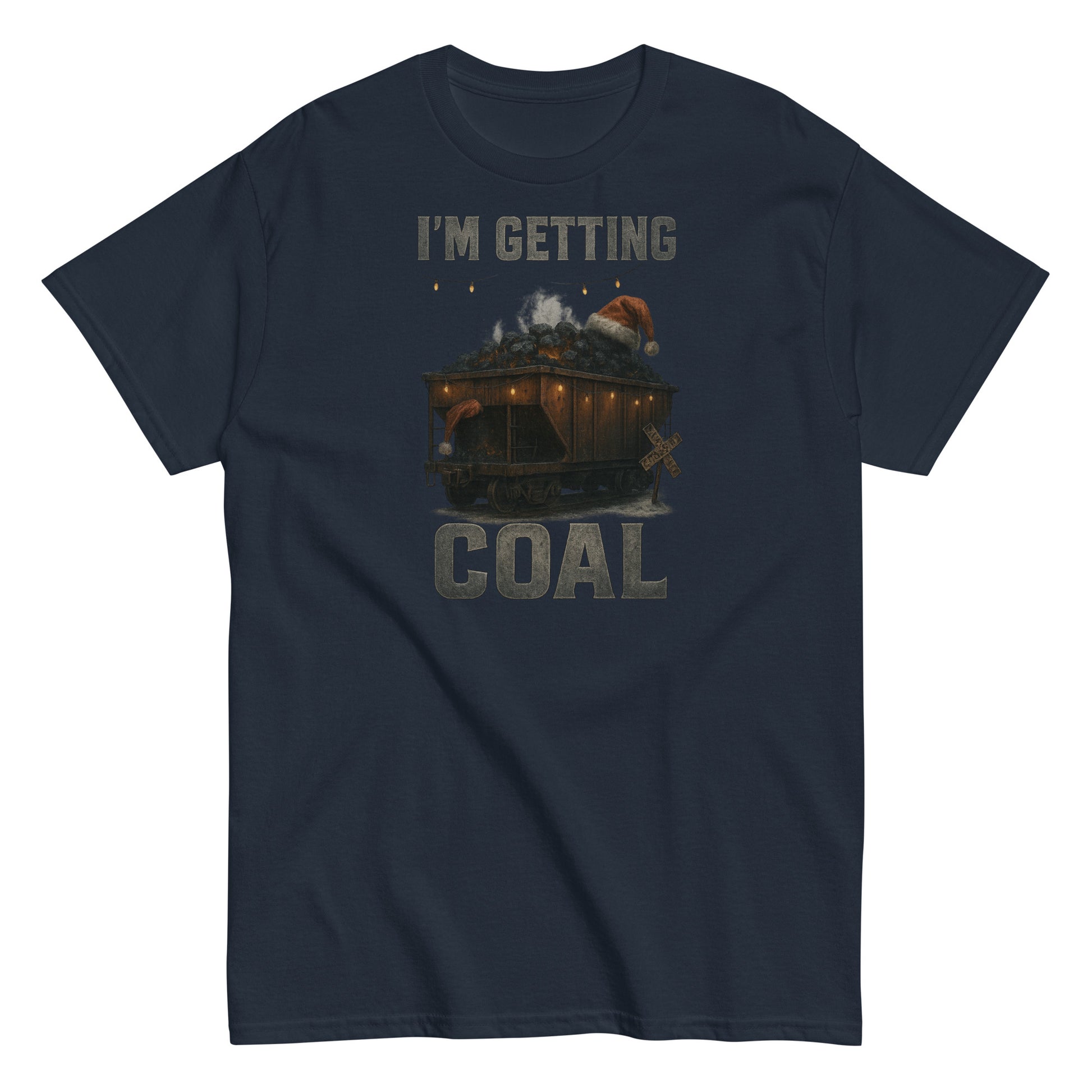 Navy blue t-shirt with a graphic of a sled with Santa and text 'I'm Getting Coal' on a white background.