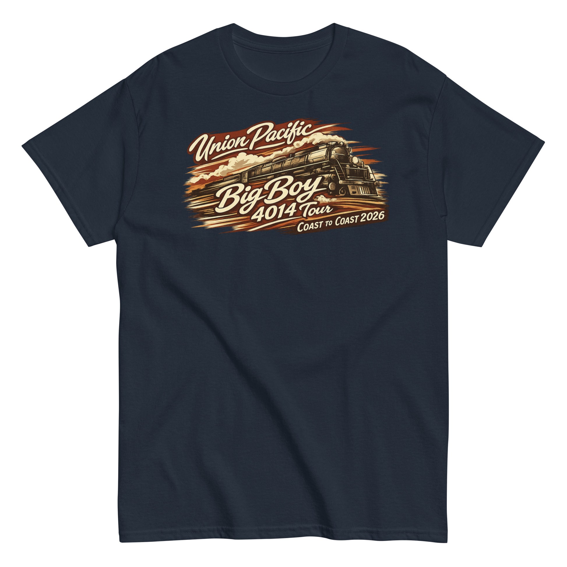 Navy blue t-shirt with Union Pacific Big Boy locomotive graphic on a white background