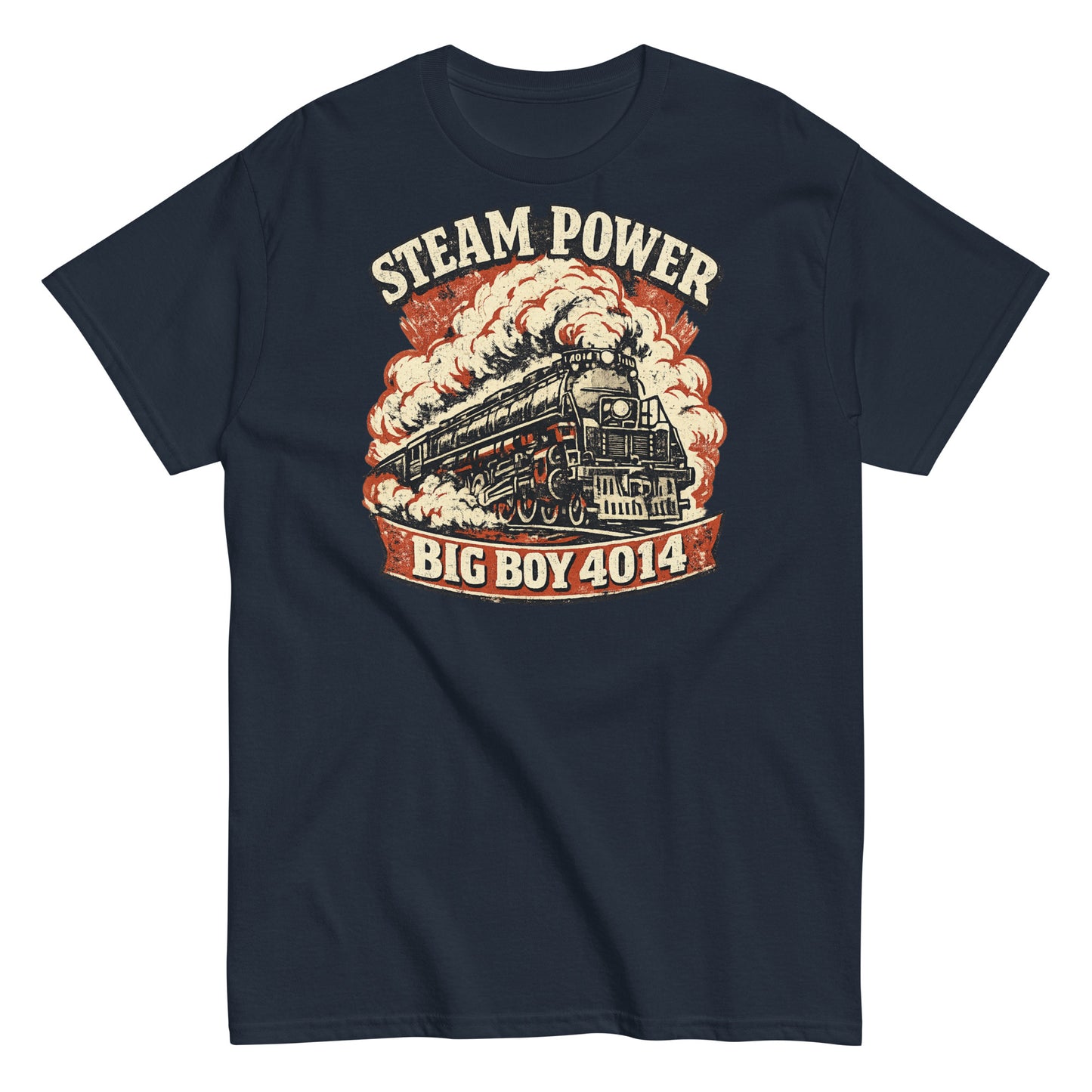 Navy blue t-shirt with a steam locomotive graphic and 'Steam Power Big Boy 4014' text on a white background